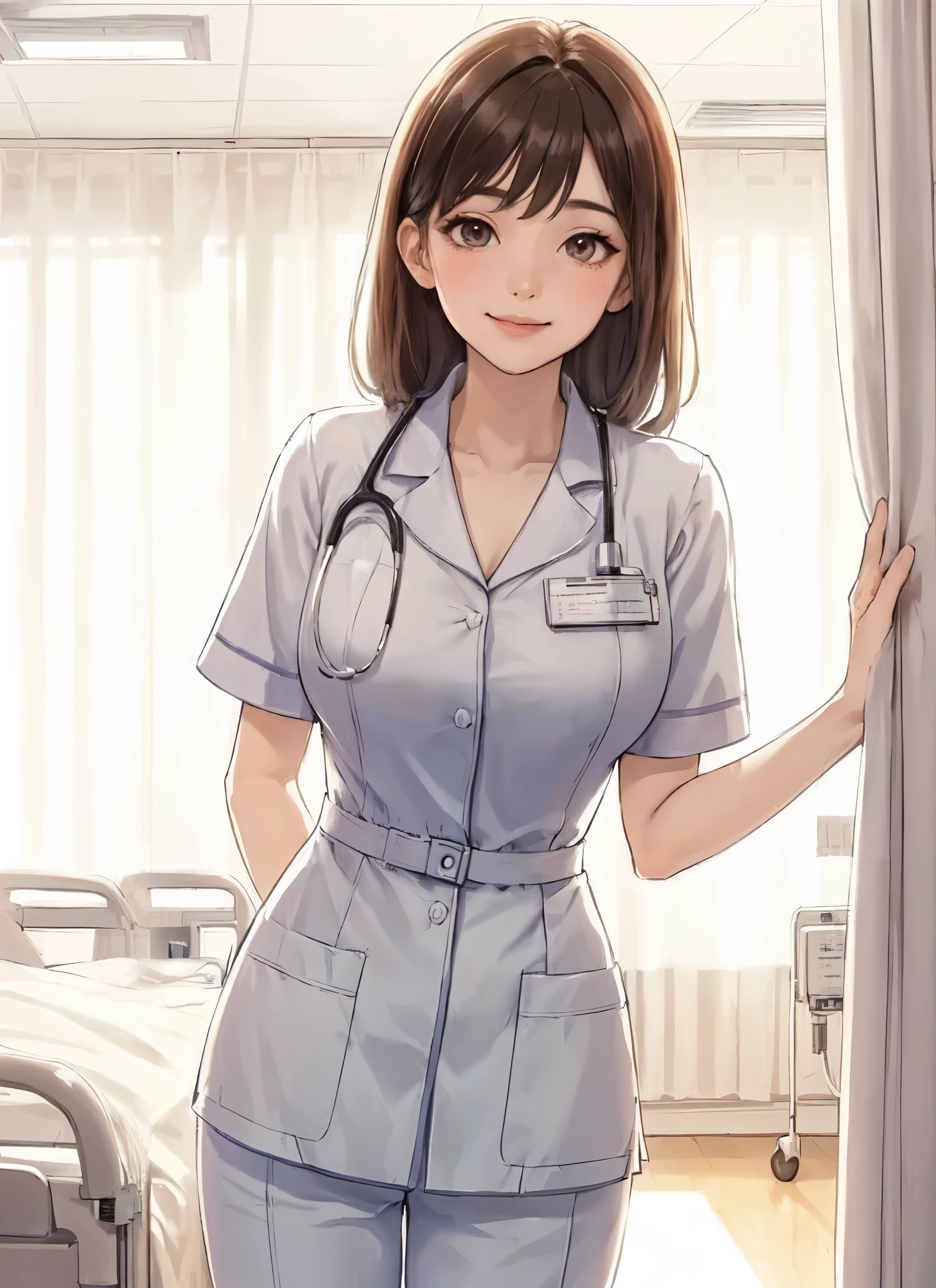 1lady solo, (looking down), (from below), (peeking out from behind partition curtain), healthcare worker, (nurse uniform), mature female, /(dark brown hair/) bangs, kind smile, (masterpiece best quality:1.2) delicate illustration ultra-detailed, large breasts, /(stethoscope around neck/) BREAK (hospital room) indoors, (bright white ceiling:1.2), (perspective from bed:1.2), detailed background