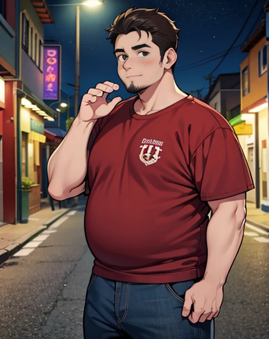 1 chubby man with extremely thick thighs , Careca, obeso, homem de meia idade, camisa branca aberta mostrando a barriga e peitoral usando apenas sunga vermelha e meias, parado na rua, looking at the sky, noite em uma cidade cyberpunk , dim street lamp, talking to the viewer gesturing with his hands, dialogando, discutindo. He's calling the viewer, he is delivering something, he is gesturing for you to come closer to him. Gargalhando, zangado, triste, muito feliz, deprimido. ((Varied color hair, fios do cabelo branco ou vermelho ou verde ou cinza ou azul ou laranja ou amarelo))