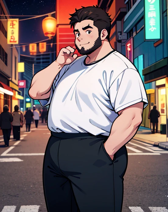 1 chubby man with extremely thick thighs , Careca, obeso, homem de meia idade, camisa branca aberta mostrando a barriga e peitoral usando apenas sunga vermelha e meias, parado na rua, looking at the sky, noite em uma cidade cyberpunk , dim street lamp, talking to the viewer gesturing with his hands, dialogando, discutindo. He&#39;s calling the viewer, he is delivering something, he is gesturing for you to come closer to him. Gargalhando, zangado, triste, muito feliz, deprimido. ((Varied color hair, fios do cabelo branco ou vermelho ou verde ou cinza ou azul ou laranja ou amarelo))