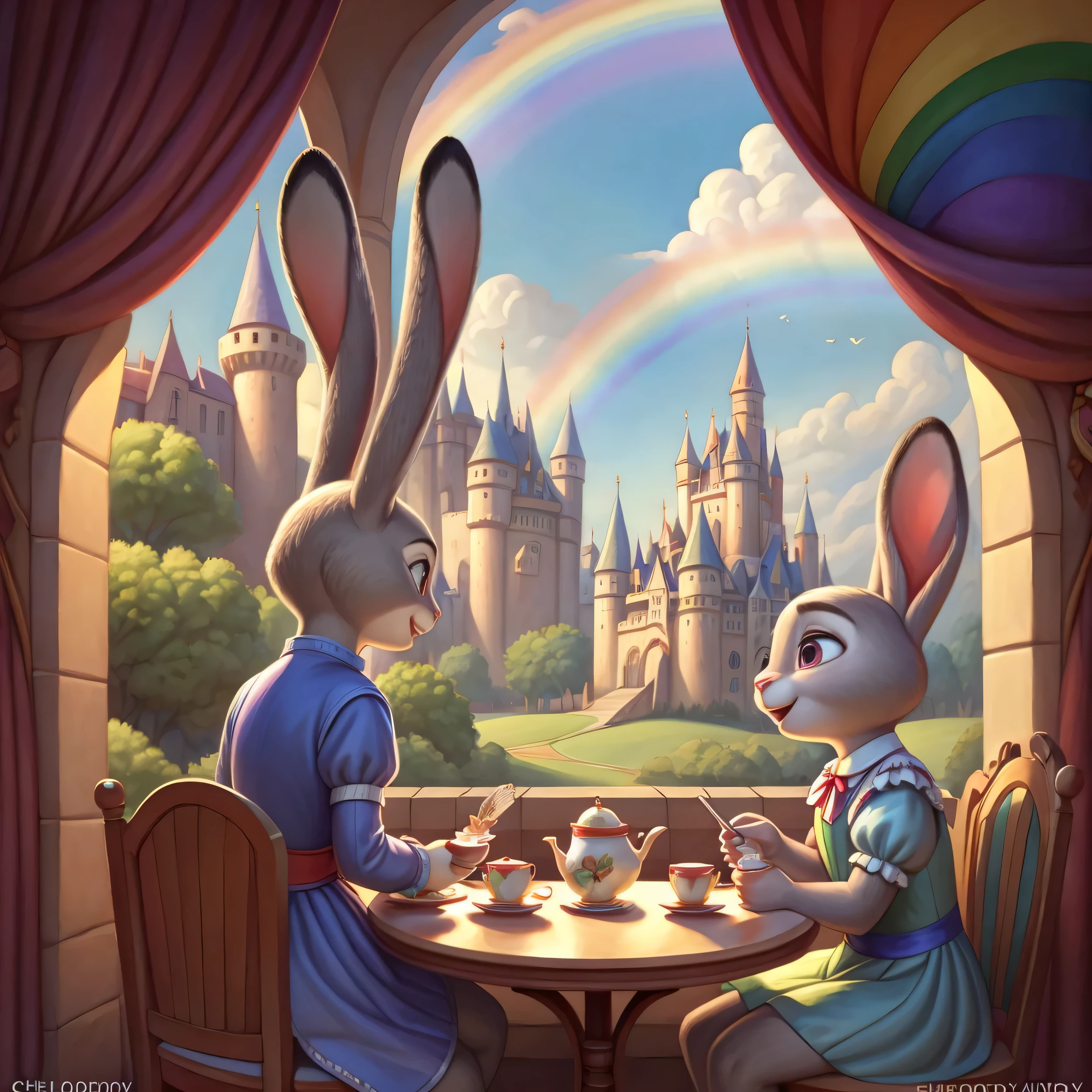 By chelodoy, Judy Hopps, young, alice in the wonderland, teatime, rainbow, castle on the background,