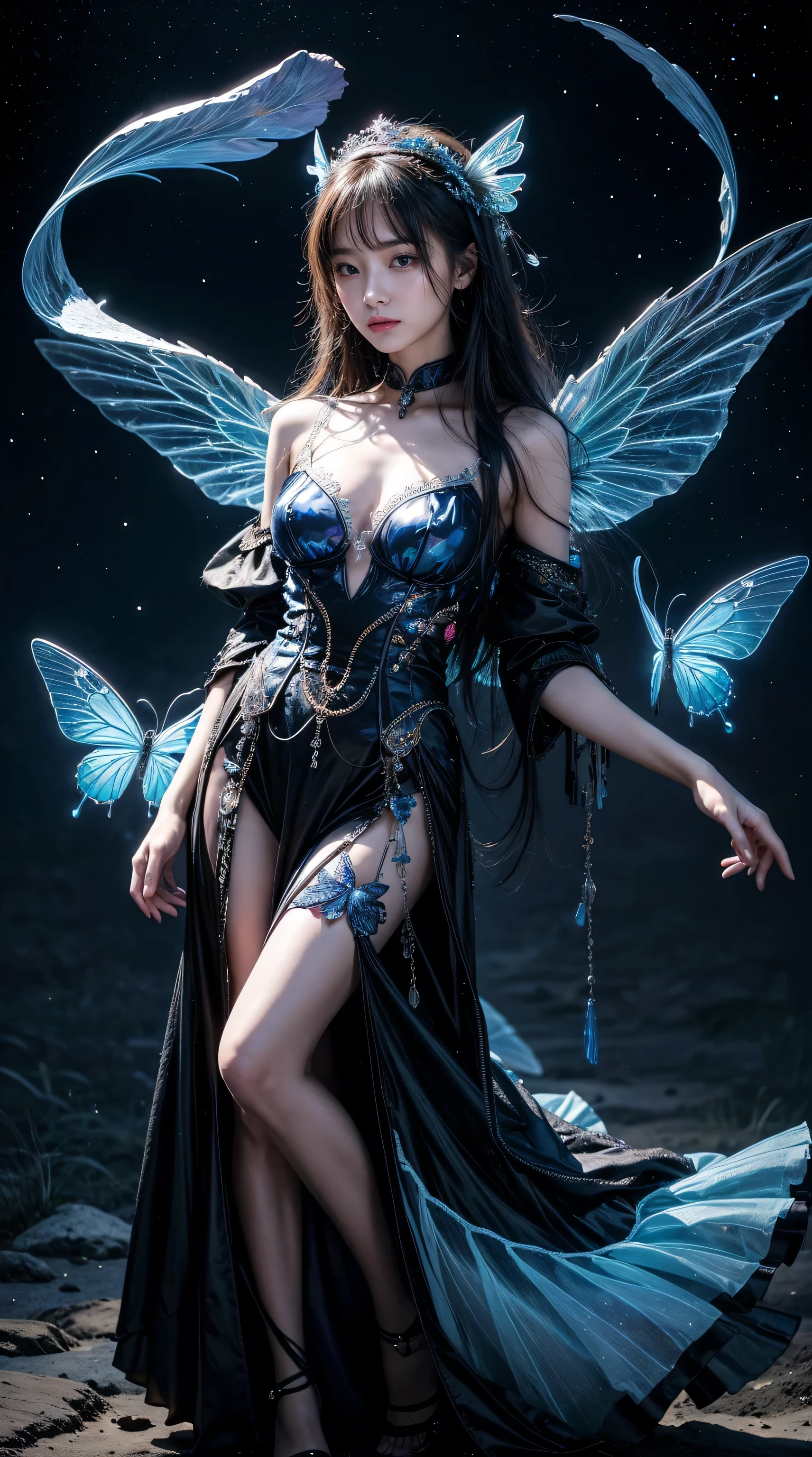 absurd , high resolution, Super detailed, (1 Girl:1.3), rest, fantastic dress, Headdress, rest, Mild personality, Dark persona, control, Fractal, whole body, Ceiling board, Artistic Background, Blue bioluminescence, Geometric, organic, bless, supportive, Sublime, sublimation, noble, Expand, Unravel, anti-gravity, Antimatter, Guardian Angel, Saint, 神Saint, , dignified, Red bioluminescence, flower, Holographic Wings, Magic Circle, Photon, Butterfly, scale, galaxy, Birk,