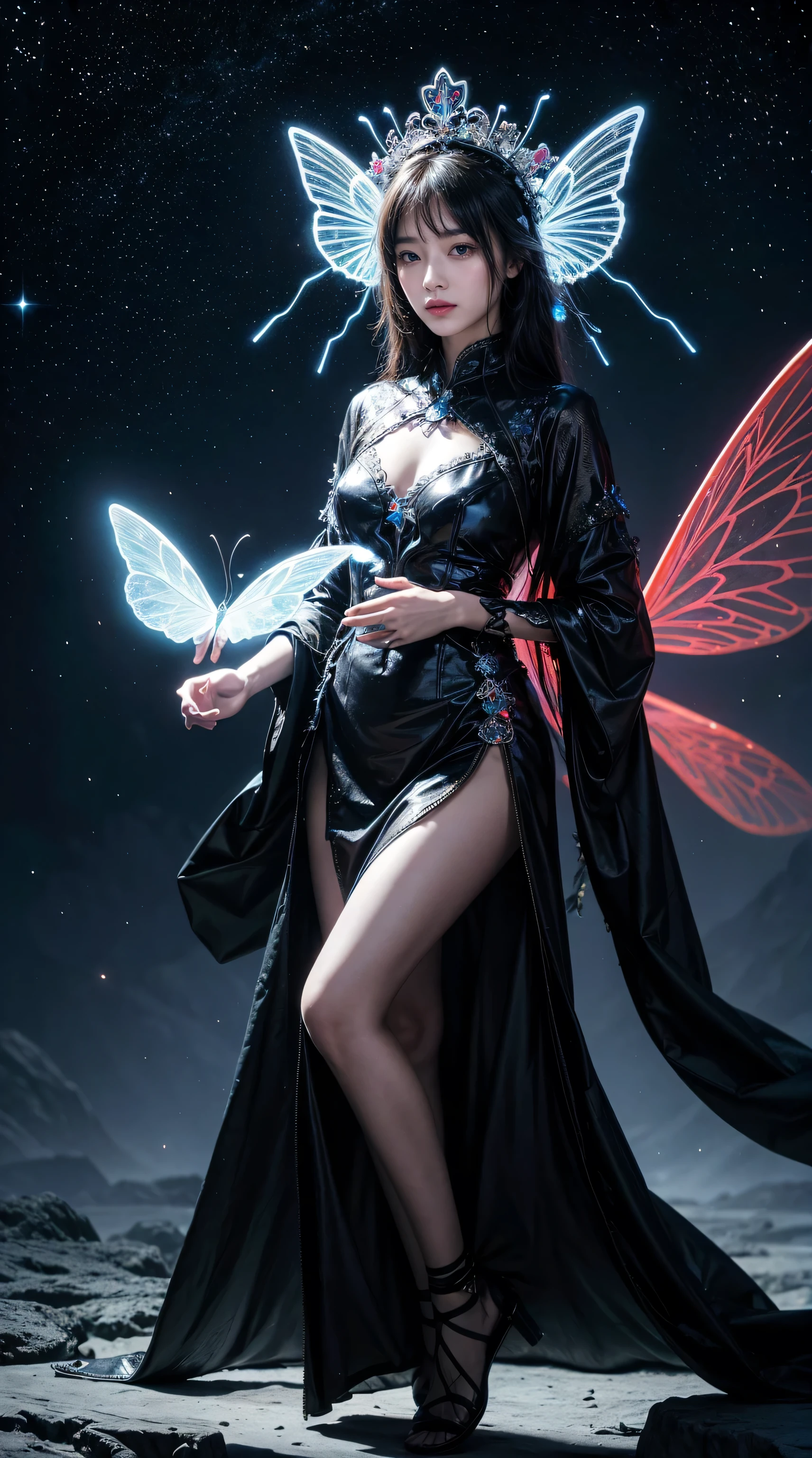 absurd , high resolution, Super detailed, (1 Girl:1.3), rest, fantastic dress, Headdress, rest, Mild personality, Dark persona, control, Fractal, whole body, Ceiling board, Artistic Background, Blue bioluminescence, Geometric, organic, bless, supportive, Sublime, sublimation, noble, Expand, Unravel, anti-gravity, Antimatter, Guardian Angel, Saint, 神Saint, , dignified, Red bioluminescence, flower, Holographic Wings, Magic Circle, Photon, Butterfly, scale, galaxy, Birk,