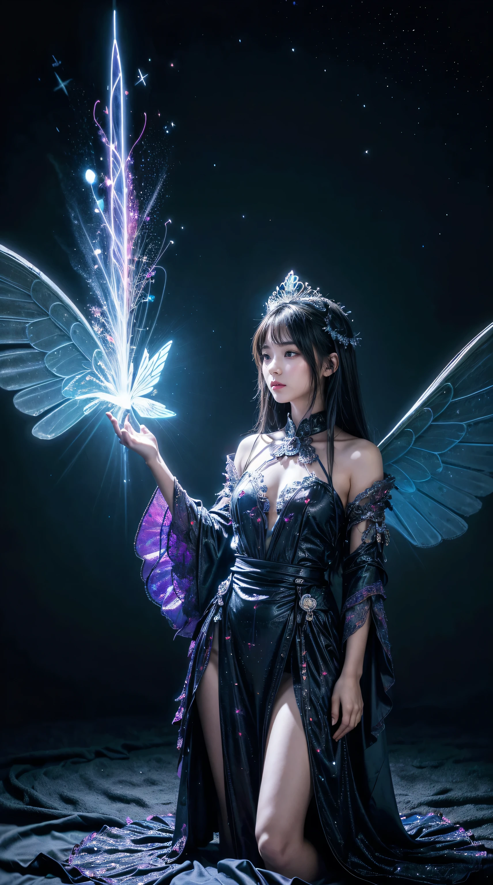 absurd , high resolution, Super detailed, (1 Girl:1.3), rest, fantastic dress, Headdress, rest, Mild personality, Dark persona, control, Fractal, whole body, Ceiling board, Artistic Background, Blue bioluminescence, Geometric, organic, bless, supportive, Sublime, sublimation, noble, Expand, Unravel, anti-gravity, Antimatter, Guardian Angel, Saint, 神Saint, , dignified, Red bioluminescence, flower, Holographic Wings, Magic Circle, Photon, Butterfly, scale, galaxy, Birk,