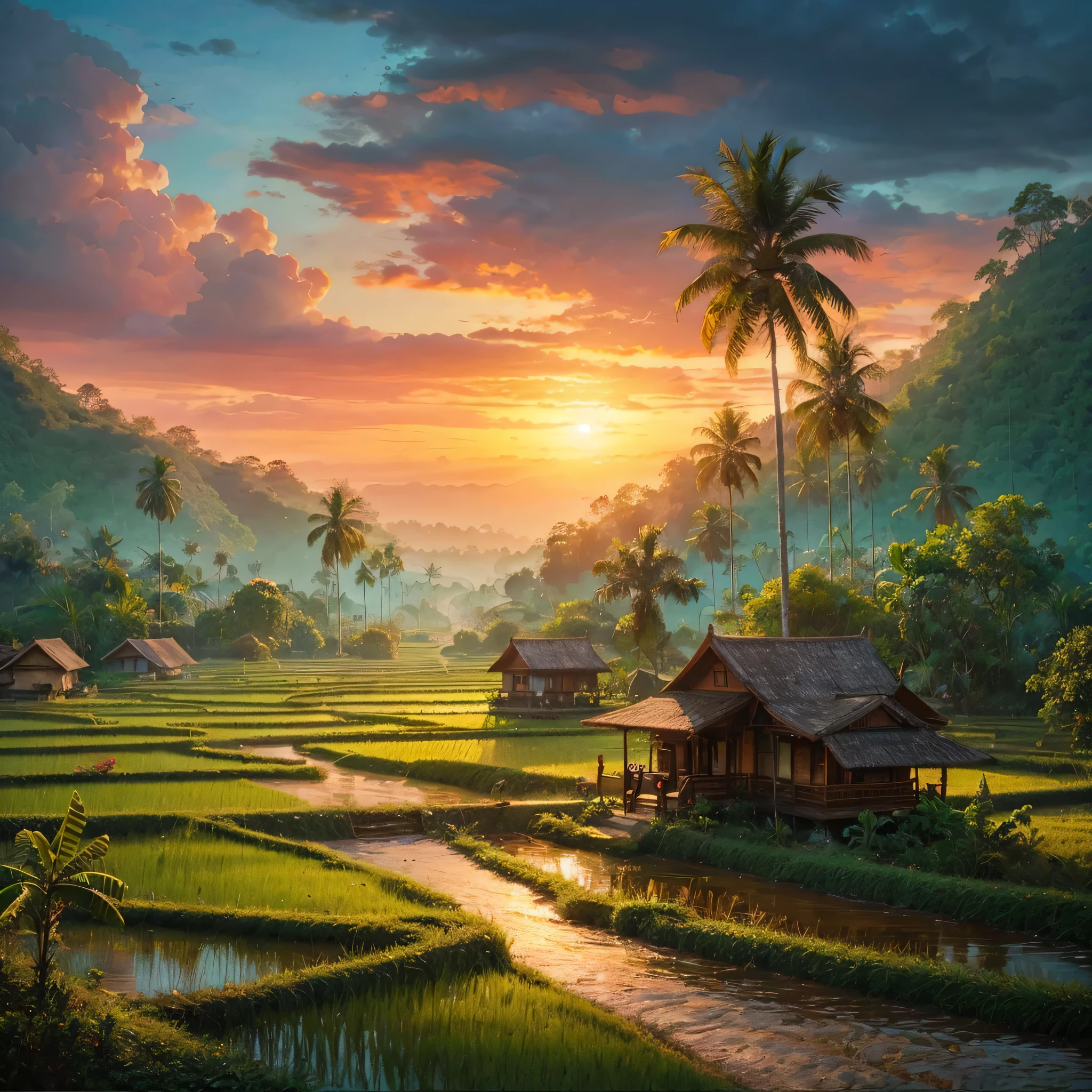 a painting of a man riding a bike down a path, a fine art painting, trending on cg society, sumatraism, beatiful house, tropical location, flat painting, sunny afternoon, cottagecore!!, indonesia