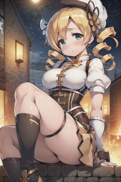 (((masterpiece))), ((highest quality)), (Very detailed), ((High resolution)), ((8k)), One Woman, Big Breasts, Twin tails, Drill Hair, (Golden Hair), Very cute woman, delicate, Focus on women, she, cool face, Best moment, low length, (Golden Eyes), Thighs, Waistline, Beautiful Skin, delicateな腕, whole body, Detailed skin texture, Intricate details, Very detailedな顔, Beautiful Eyes, Big Eyes, (Mami Tomoe), Magical girl, Night cityscape, Beautiful legs, Holding a musket, A brave figure,