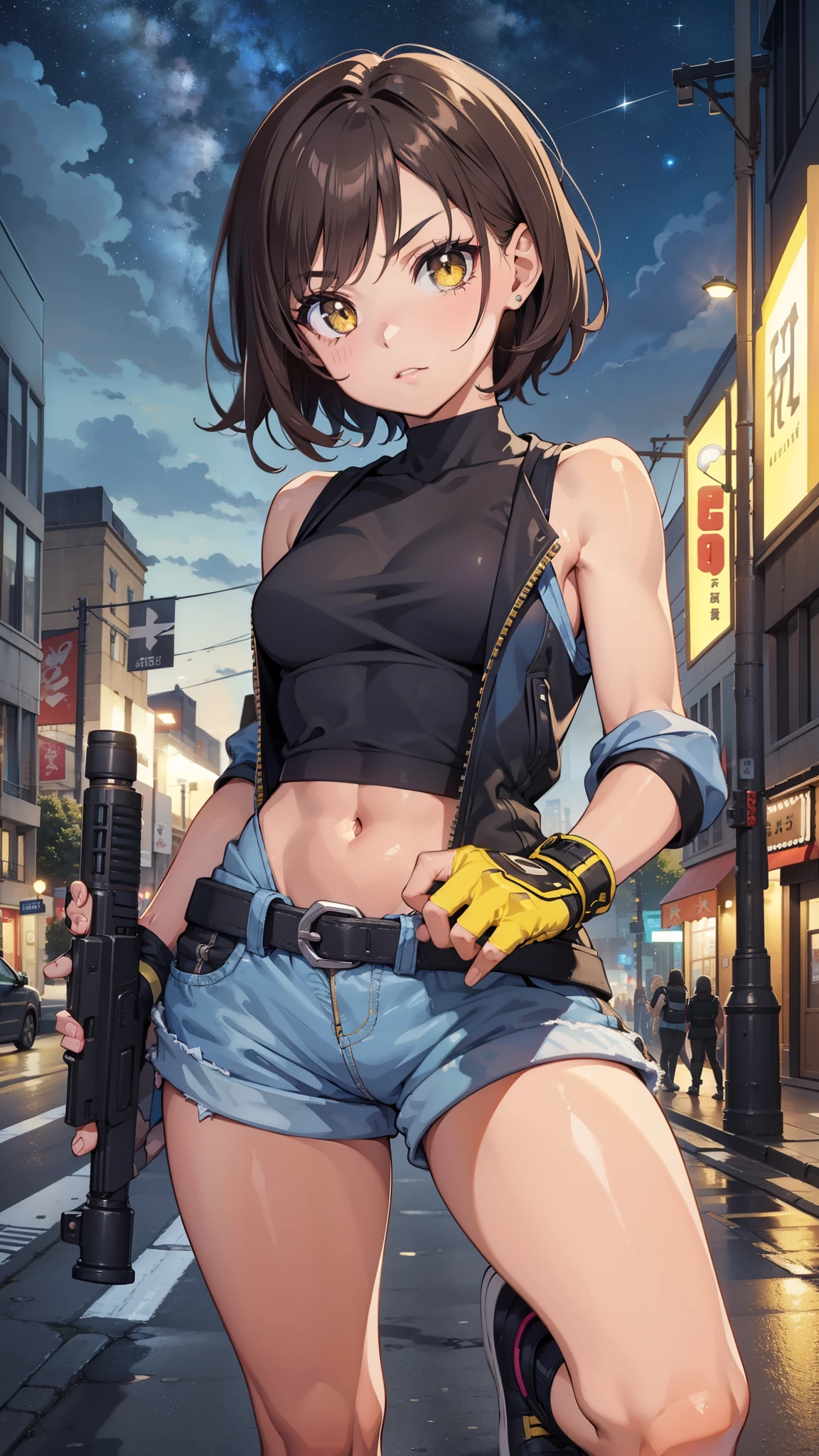 street dancer, short hair, brown hair, yellow glowing eyes, perfect lips, cute expression, cute face, cute pose, fingerless gloves, gun, tank top, jacket, cute pose, ultra detailed face, long eyelashes, sharp eyes , Fullbody shot, dinamic viewer, night sky, variuos adornment, Rocker girl