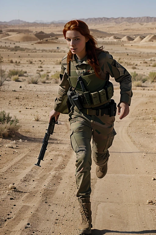 Very Beautiful red-haired woman, lean, using an israel army costums, running in a desert, carrying a rifle behind terrorists