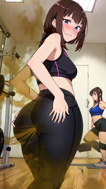 2 Asian girls farting in front of other girl, desperate to poop, in gym, farting while working out, turns back to look at butt wearing yoga pants and exercise clothes, malaysian chinese girl, tomboy, stomach bloated, hands covering butt, pained expression, shocked and embarrassed, mouth open in shock, blushing, beautiful and cute face, anime art style, fit body, tall and thin, view from side, diarrhea