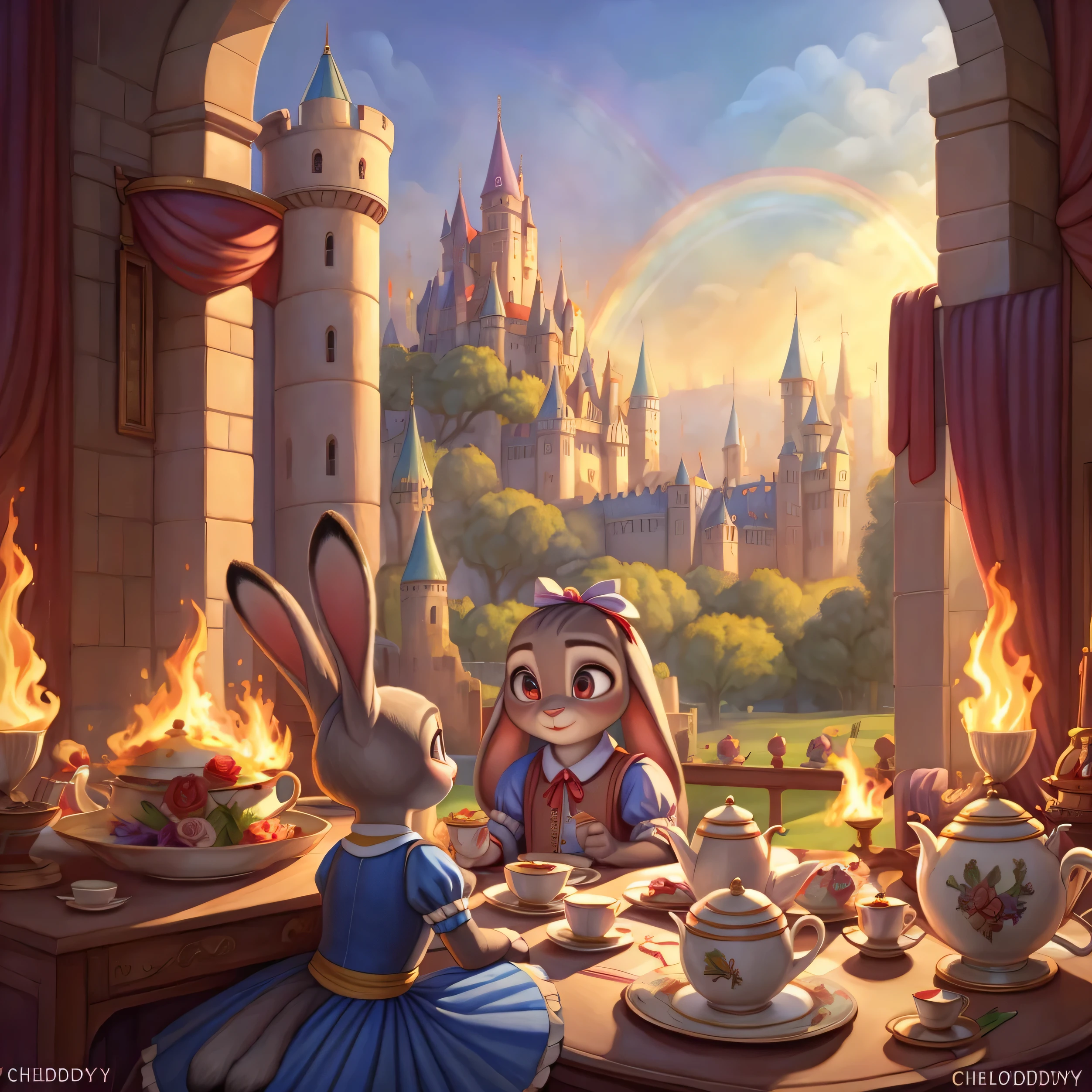 By chelodoy, Judy Hopps, young, alice in the wonderland, teatime, rainbow, castle on the background, everything on fire