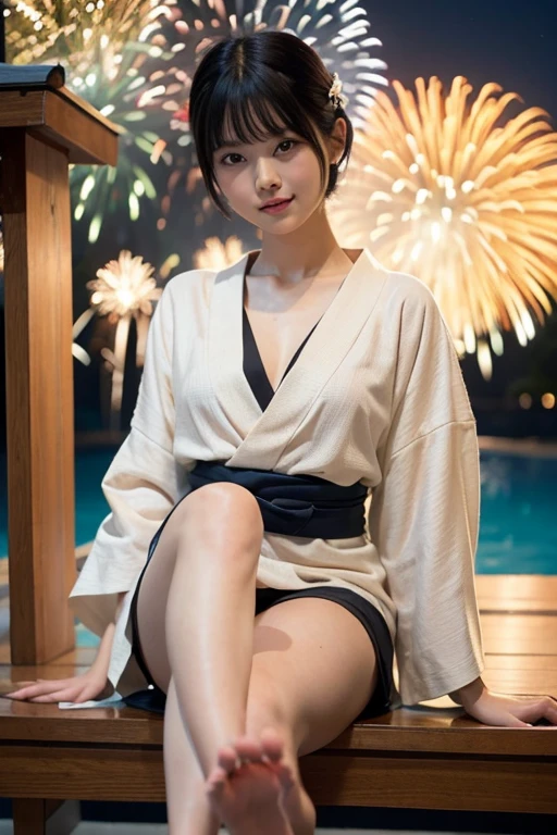 1lady,solo,black hair,short hair,bare foot,thighs focus,cute,blond hair,long hair,yukata,fireworks