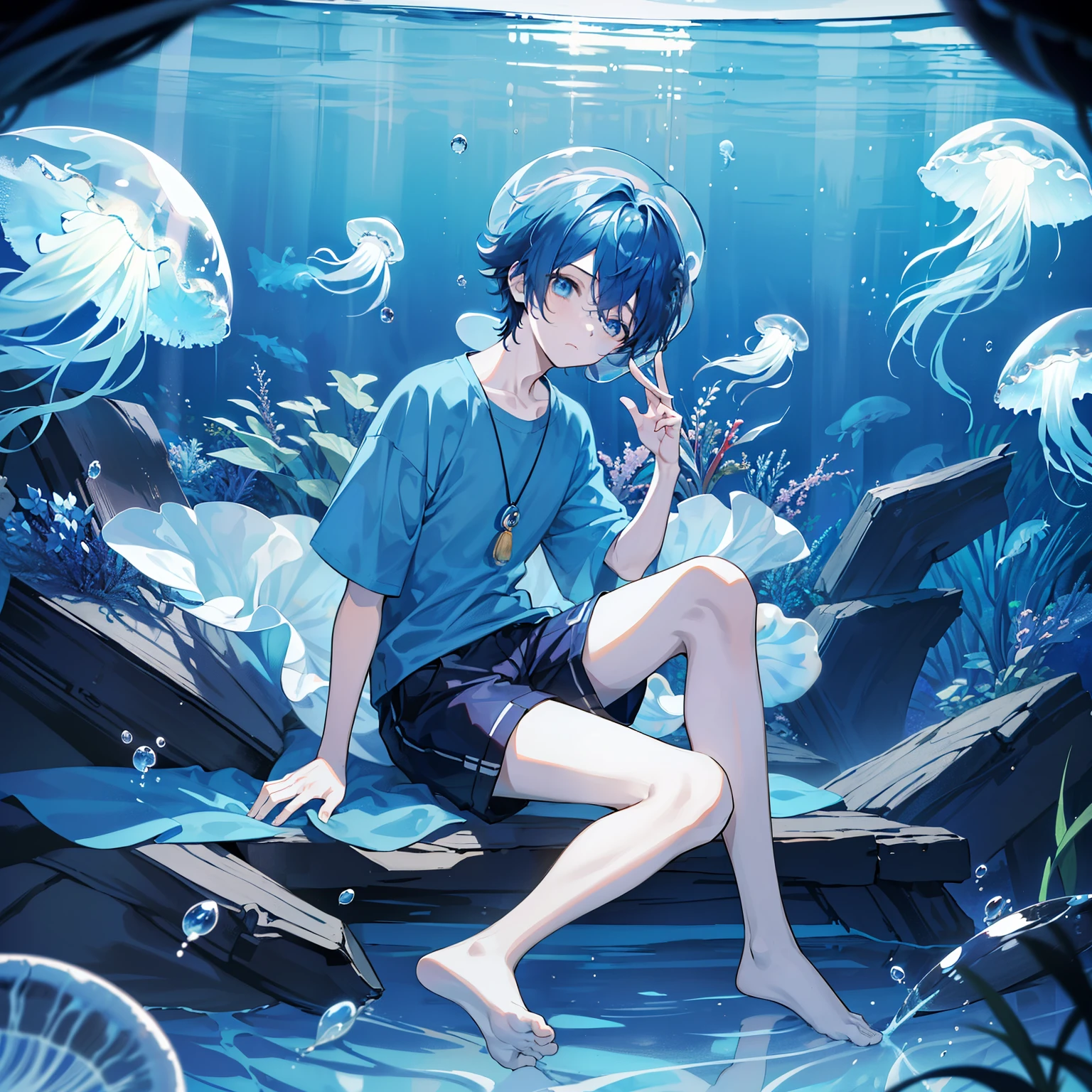 A mermaid, wearing sweater,trapped in the small fish tank,chains attached to the fish tank,crying face,museum show,blue belt,full body shot,sitting on a small rock