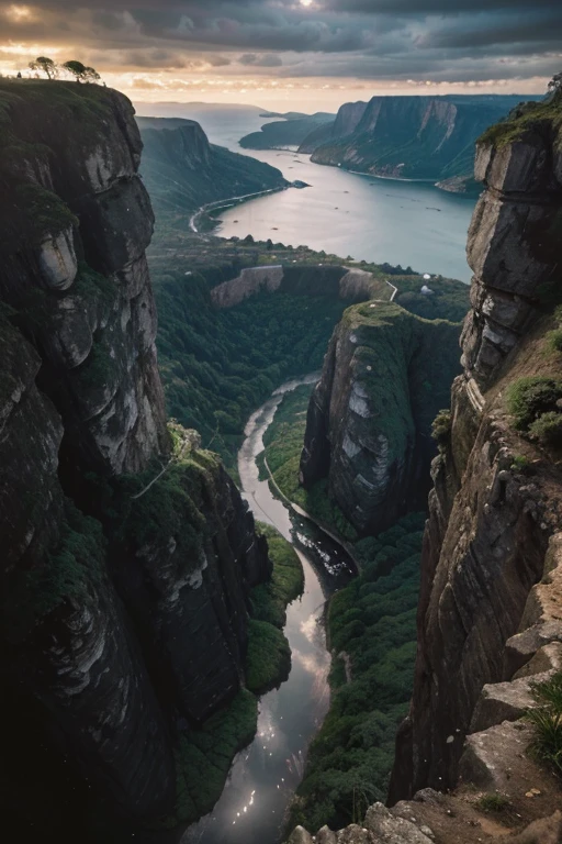 A rugged road between steep cliffs, vista de baixo, (chuva pesada:1.2), noite bem escura, Nevoeiro profundo, Magnificent view, perfect and magnificent dark and scary fantasy world, dutch angle, Estilo de pintura a tinta