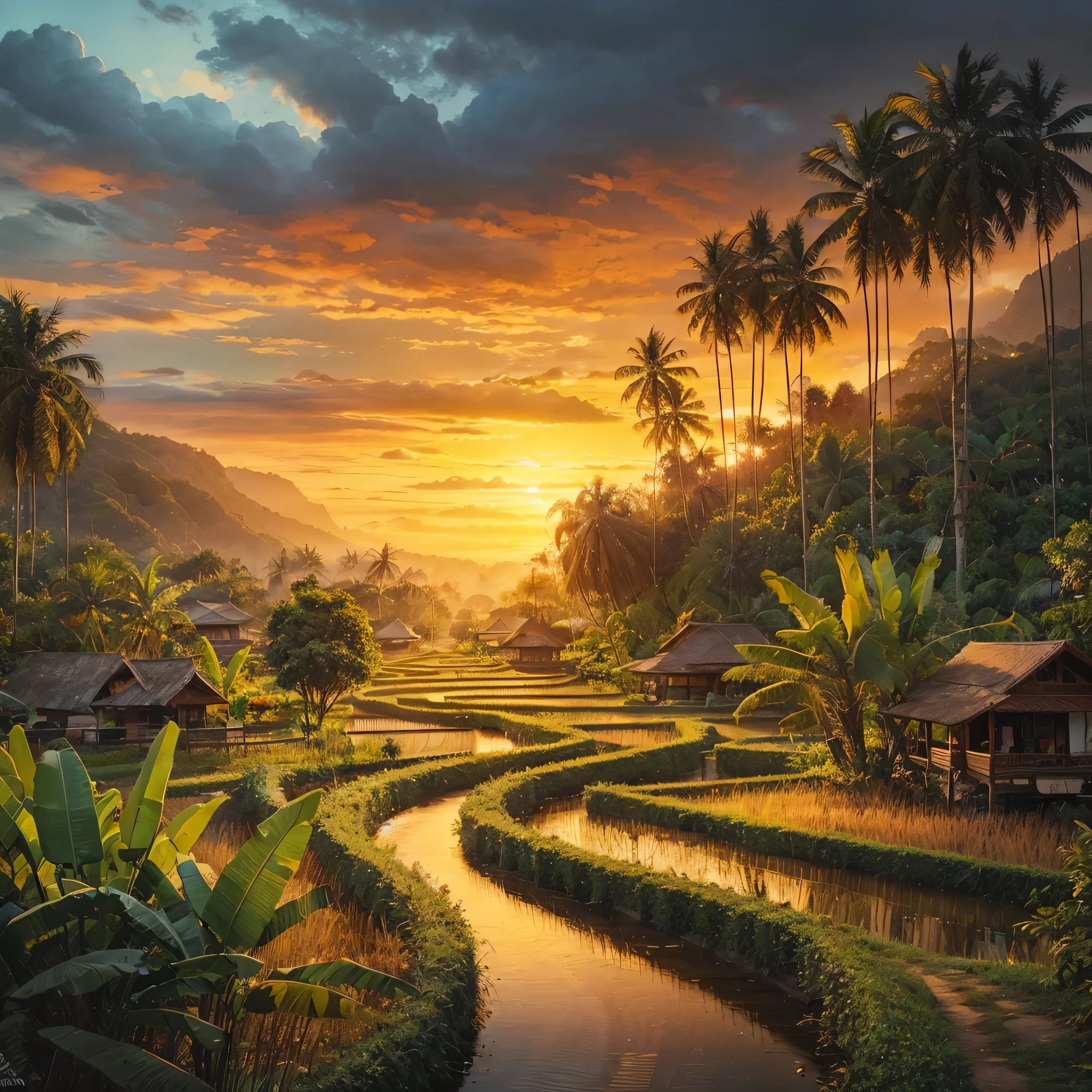 a painting of a man riding a bike down a path, a fine art painting, trending on cg society, sumatraism, beatiful house, tropical location, flat painting, sunny afternoon, cottagecore!!, indonesia