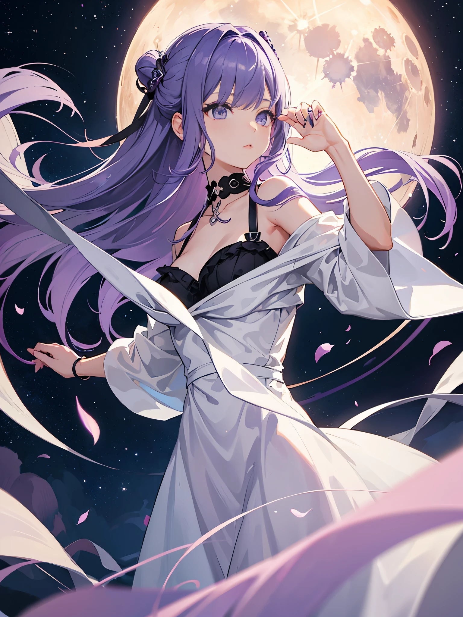 a girl, purple hair, ((grey eyes)) ,moon, night