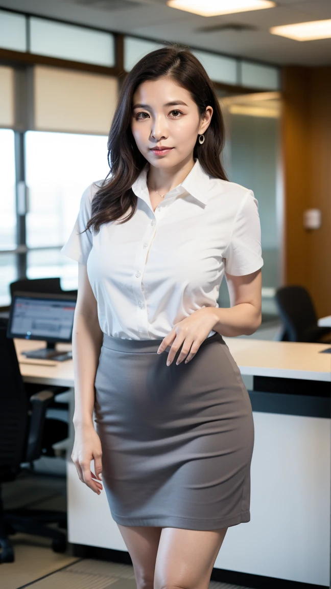 Beautifull, mother-in-law, japanese, shirt open button, seductive expression, in the office, voluptuous, pantyhose, high waist pencil skirt, panties, cameltoe, from below