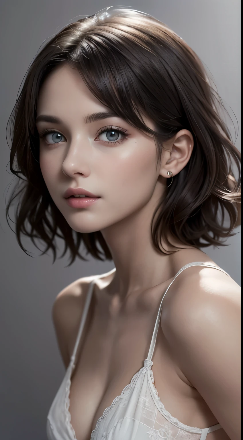 8K uhd、RAWphotograph、モデルphotograph撮影、 European race、(masterpiece、highest quality、Photorealistic、High resolution、photograph:1.3)、Close-up、Focusing、Hot Model、slim、30 year old mature woman、Small face、No makeup、Short Hair、Dark Brown Hair、Fine beautiful eyes、Realスキン、(perfect body)、Sexy hot face、Erotic、Sexual gaze、Detailed beautiful eyes、Glossy lips、Small breasts、Small breasts、Bust B cup、((Bright light、Dynamic lighting、Real、超Real、 realism、Realなディテール、Cool beauty、Cool pose、Background gray、Plain grey background