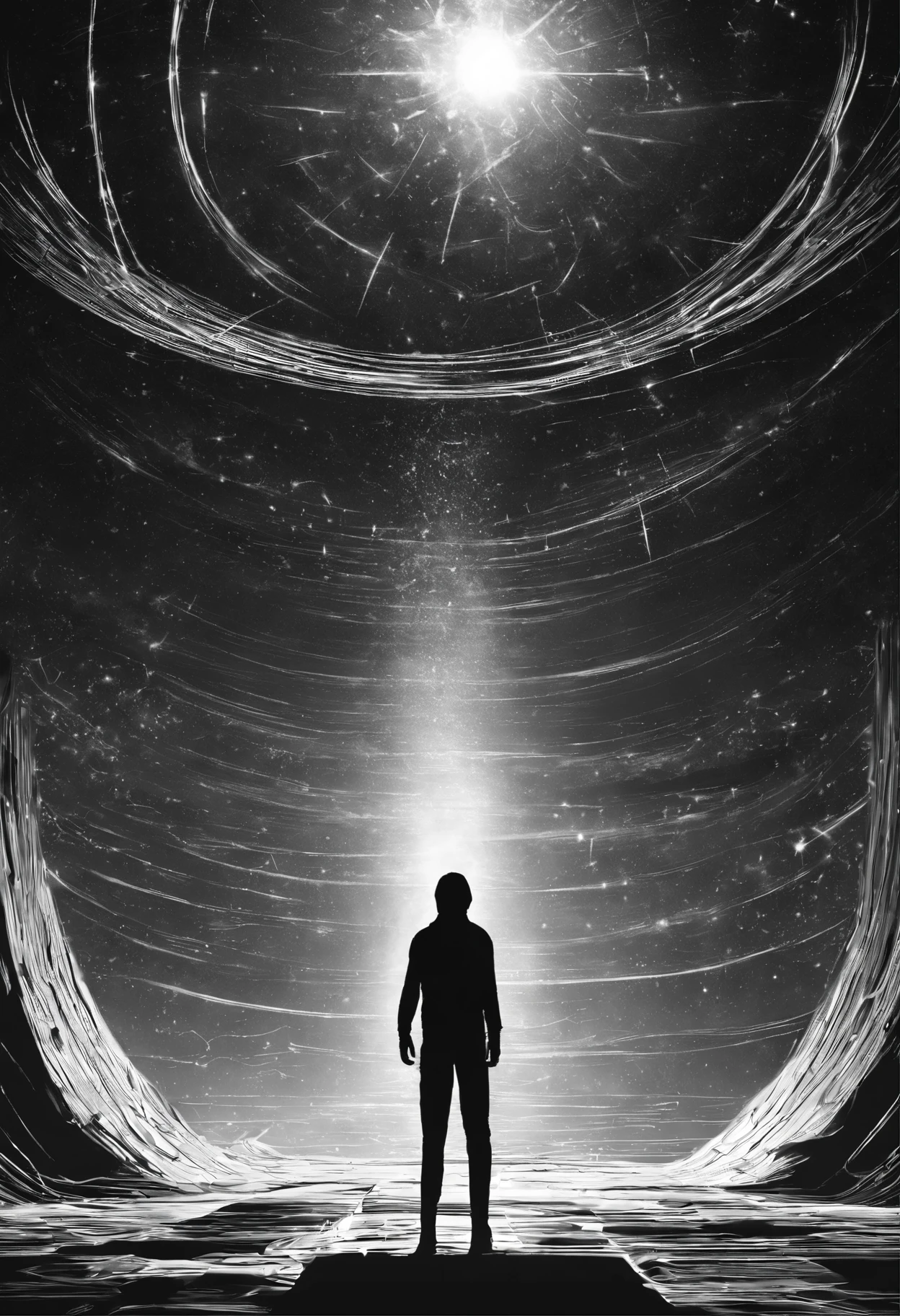 arafed image of a person standing in a dark tunnel with a star in the background, standing in a maelstrom, interstellar infinity portal, majestic interstellar portal, luminous black hole portal, rising from the void, is being drawn into a blackhole, portal to another universe, into the void, cosmic horror concept art, dark dimension portal, dimensional portal