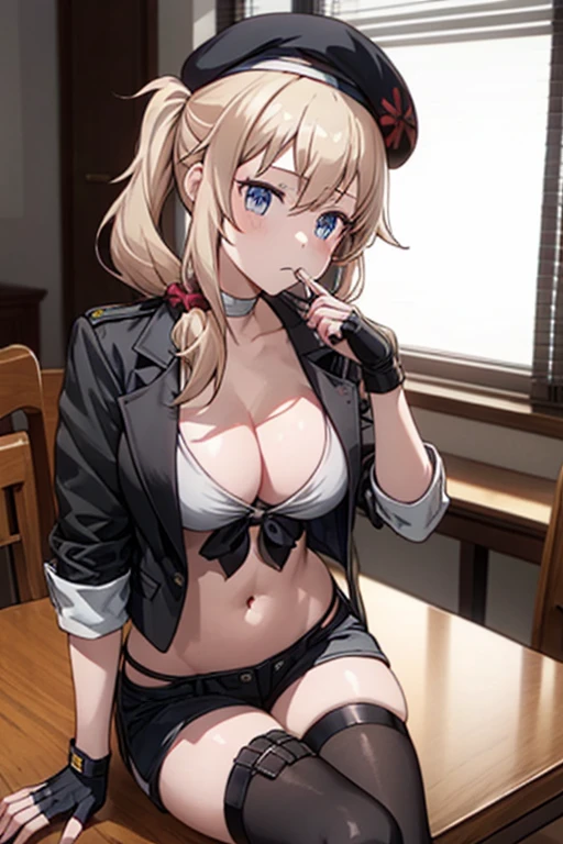 ubel,dark green hair,long hair,side ponytail,hair between eyes,bangs, BREAK (beret, black jacket, open clothes, cleavage, midriff, black shorts, black thighhighs, thigh strap, fingerless gloves, single glove:1.2), (double breasted,under bust:1.2),  sitting at a table, cute,  highest quality visual of a cute girl,eating cakes, young girl, guweiz, high quality artstyle, girl, artwork in the style of guweiz, beautiful girl, pretty girl, official artwork