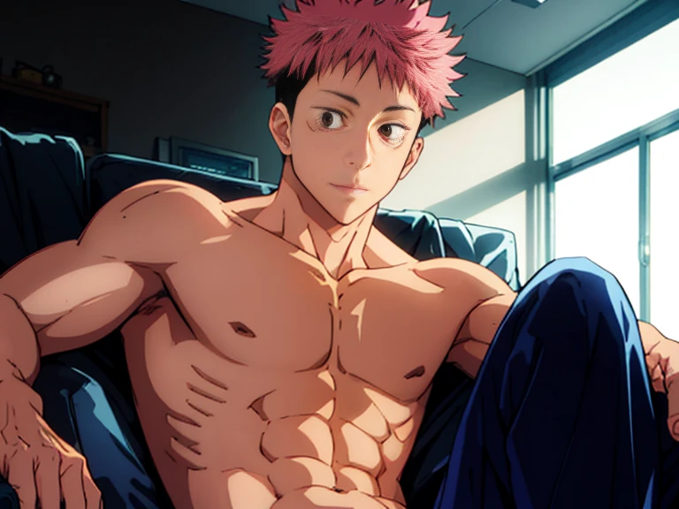 masterpiece, best quality, high quality,  1boy, male focus, full body, looking at viewer, pink hair, spiky hairstyle, short hair, steam smork, japan style,  anime coloring, shy, home muji style, detailed face, shy, blushing, sweating, wet, embarrassed, dramatic lighting, perfect eyes {{brown eyes}}