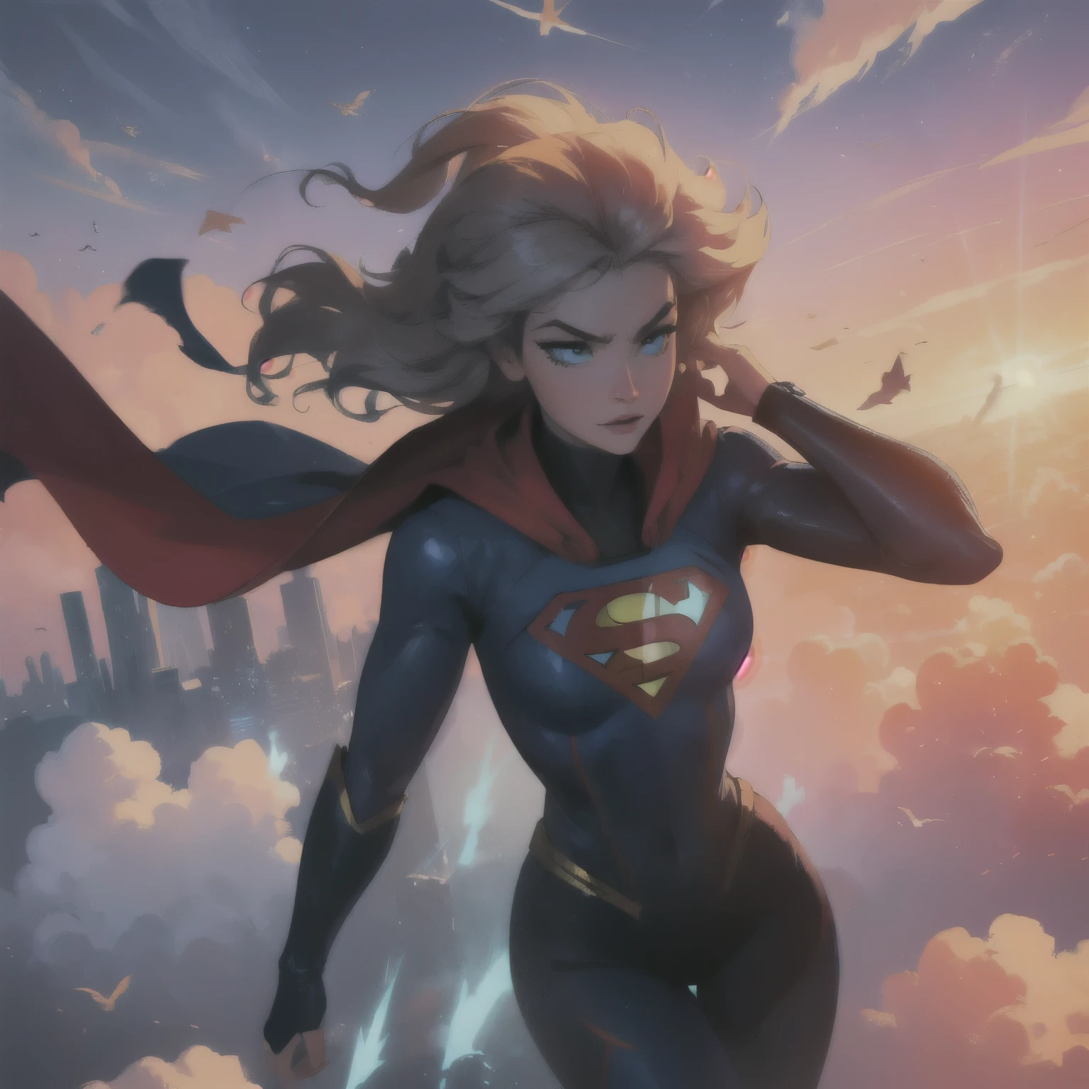 (((masterpiece))), best quality, ultra-detailed, extremely detailed CG unity 8k wallpaper,best illustration, a majestic and powerful Supergirl, bold and confident, soaring through the clouds with a cape fluttering behind her, (flying:1.2), (powerful aura:1.3), blue eyes, scarlet super suit with the iconic "S" emblem emblazoned on her chest,(dramatic lighting:1.2), sunset, (cityscape+spectacular cloudscape:1.3), billowing smoke and debris, (volumetric light:1.1), dynamic composition, cinematic shot.  