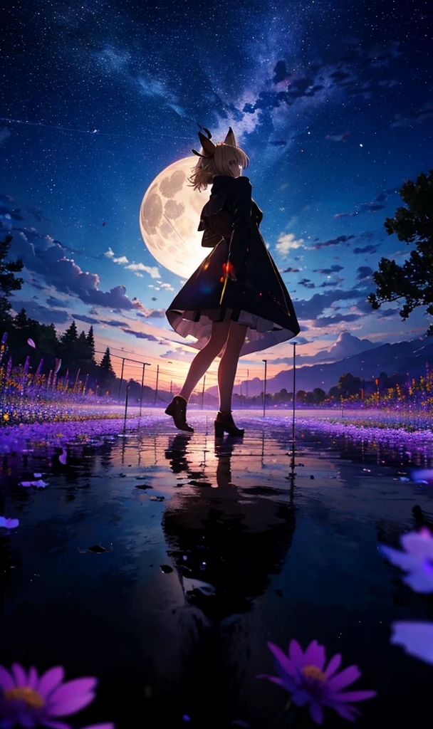 1people々々々々々々々々々々々々々々々々,Woman with medium length blonde hair,Fox Ears,Long coat,Takageta, Dress Silhouette, Rear View,Space Sky, Flower Field,Colorful flowers,Dancing Petals,full moon,shrine,