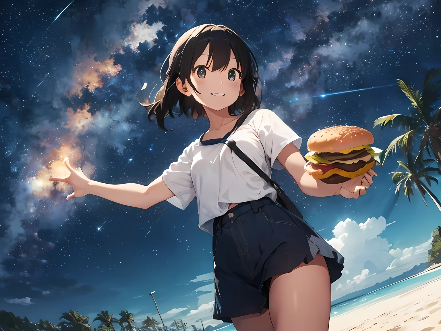 Black-haired soft-boobed girl eating a huge extra large cheeseburger、Extra large cheeseburger、french fries、All-you-can-eat cheeseburgers、White frilled blouse and red flared skirt、Mountain peak, night sky and starry sky