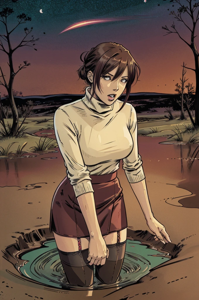 vector image, anime, mature woman, gloomy orgasm, turtleneck and pencil skirt and stockings, drowning in the middle of quicksand bog, green,red,night sky, turns around