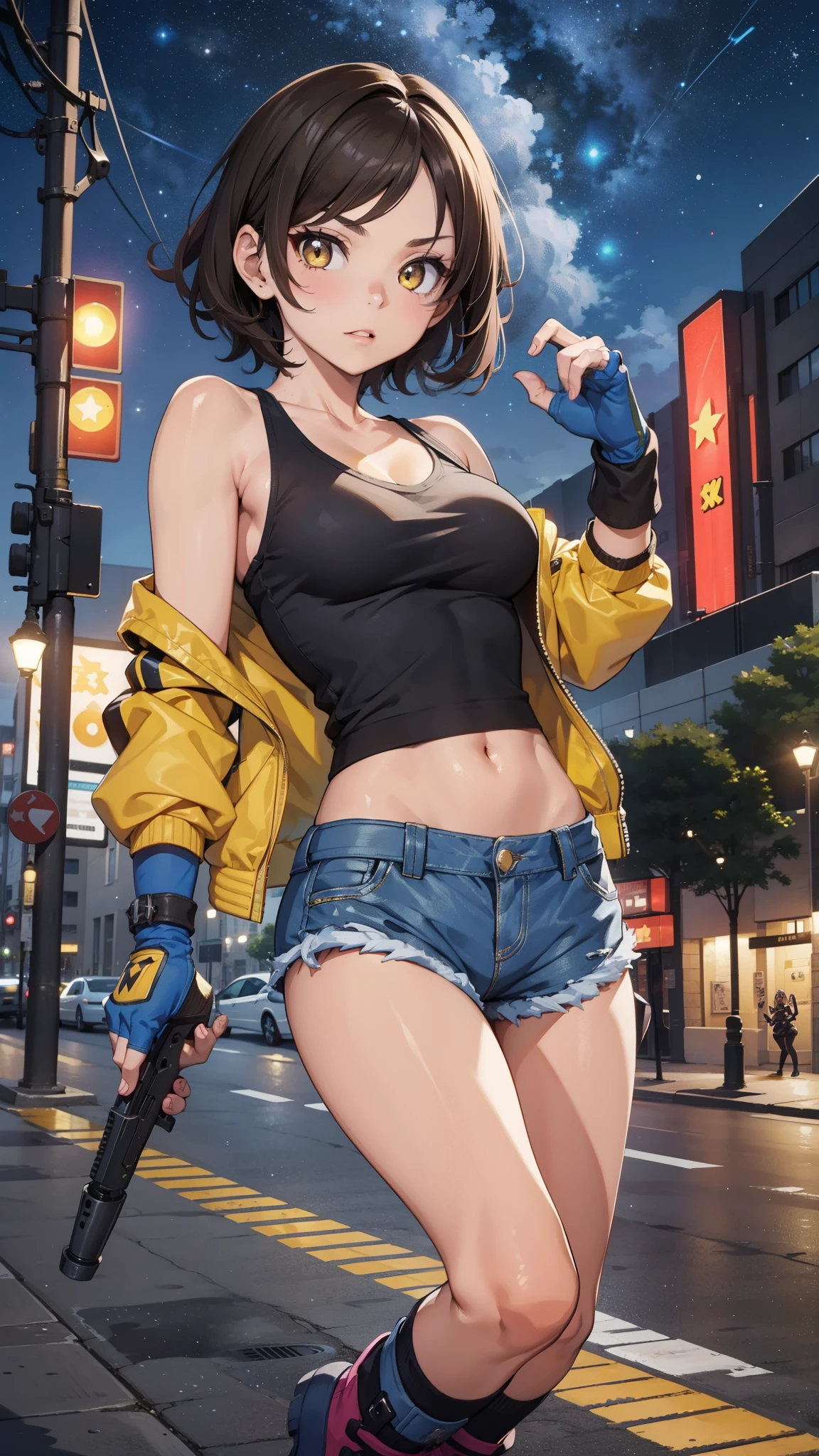 street dancer,short brown hair,bright yellow glowing eyes,perfect lips,adorable cute expression and face,charming pose,stylish fingerless gloves,dangerous gun with bullets,cool tank top and jacket,ultra-detailed face with long eyelashes and sharp eyes,full-body shot showcasing dynamic movement,dancing under the starry night sky,various fashionable adornments,rockin' rocker girl exuding an aura of danger and allure.
