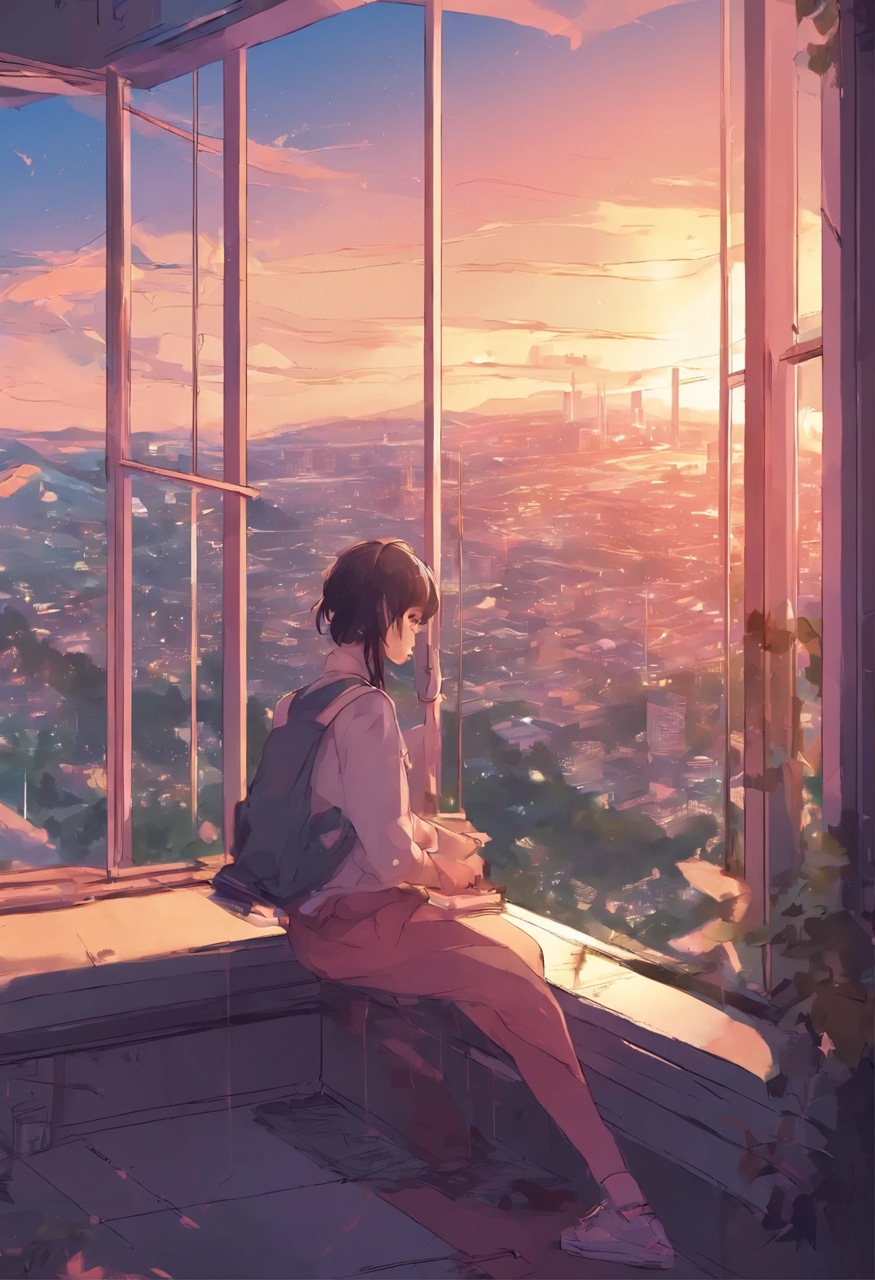 anime girl sitting on a window sill looking out at the city, lofi girl, lofi feel, lofi art, lofi artstyle, lo-fi art, lofi girl aesthetic, lofi vibes, lofi, anime vibes, lofi portrait at a window, makoto shinkai cyril rolando, lofi hip hop, chillhop