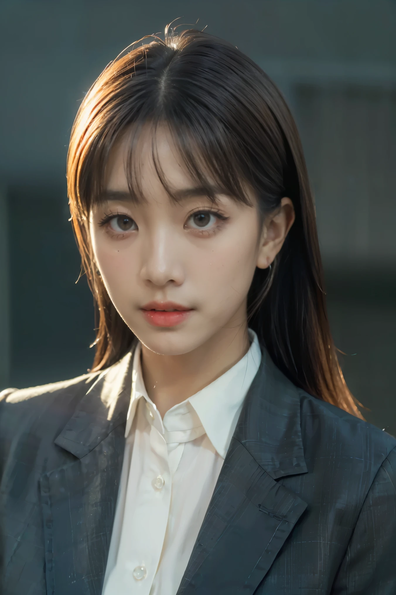 (best quality,8k,highres,masterpiece:1.2), (portrait photograph:1.5), (head close-up), (original photo), real photograph, digital photography, (girls in the workplace), (female president), 20-year-old girl, random hair style, by bangs, (green-eyed), serious and obsessed with breasts, accessories, keep one's mouth shut, elegant and charming, serious and arrogant, calm and handsome, (women's professional attire), photo pose, realistic style, gray world background, oc render reflection texture