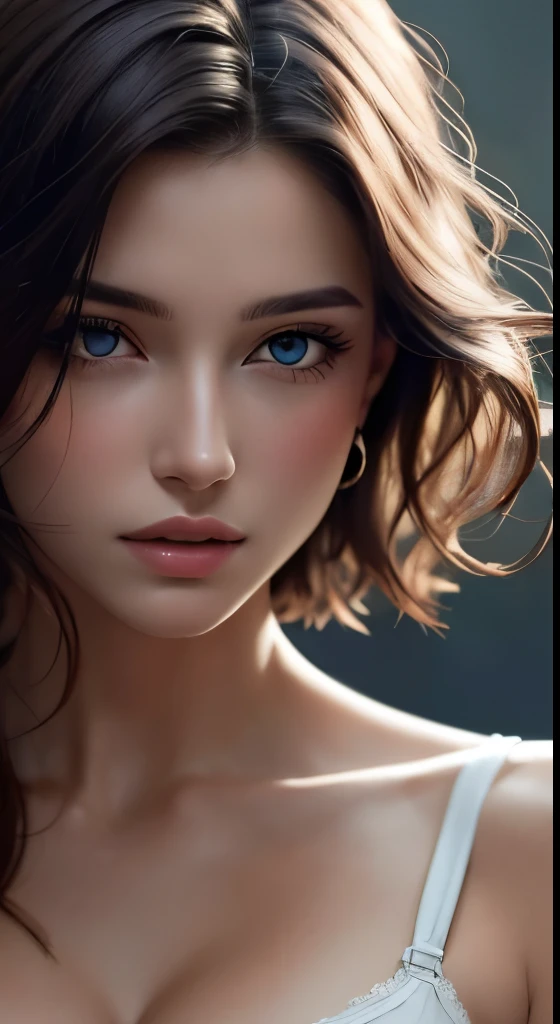 8K uhd、RAWphotograph、モデルphotograph撮影、 European race、(masterpiece、highest quality、Photorealistic、High resolution、photograph:1.3)、Close-up、Focusing、Hot Model、slim、30 year old mature woman、Small face、No makeup、Short Hair、Dark Brown Hair、Fine beautiful eyes、Real Skin、(perfect body)、Sexy hot face、Erotic、Sexual gaze、Detailed beautiful eyes、Glossy lips、Small breasts、Small breasts、Bust B cup、Realistic details、Cool beauty、Cool pose、Background gray、