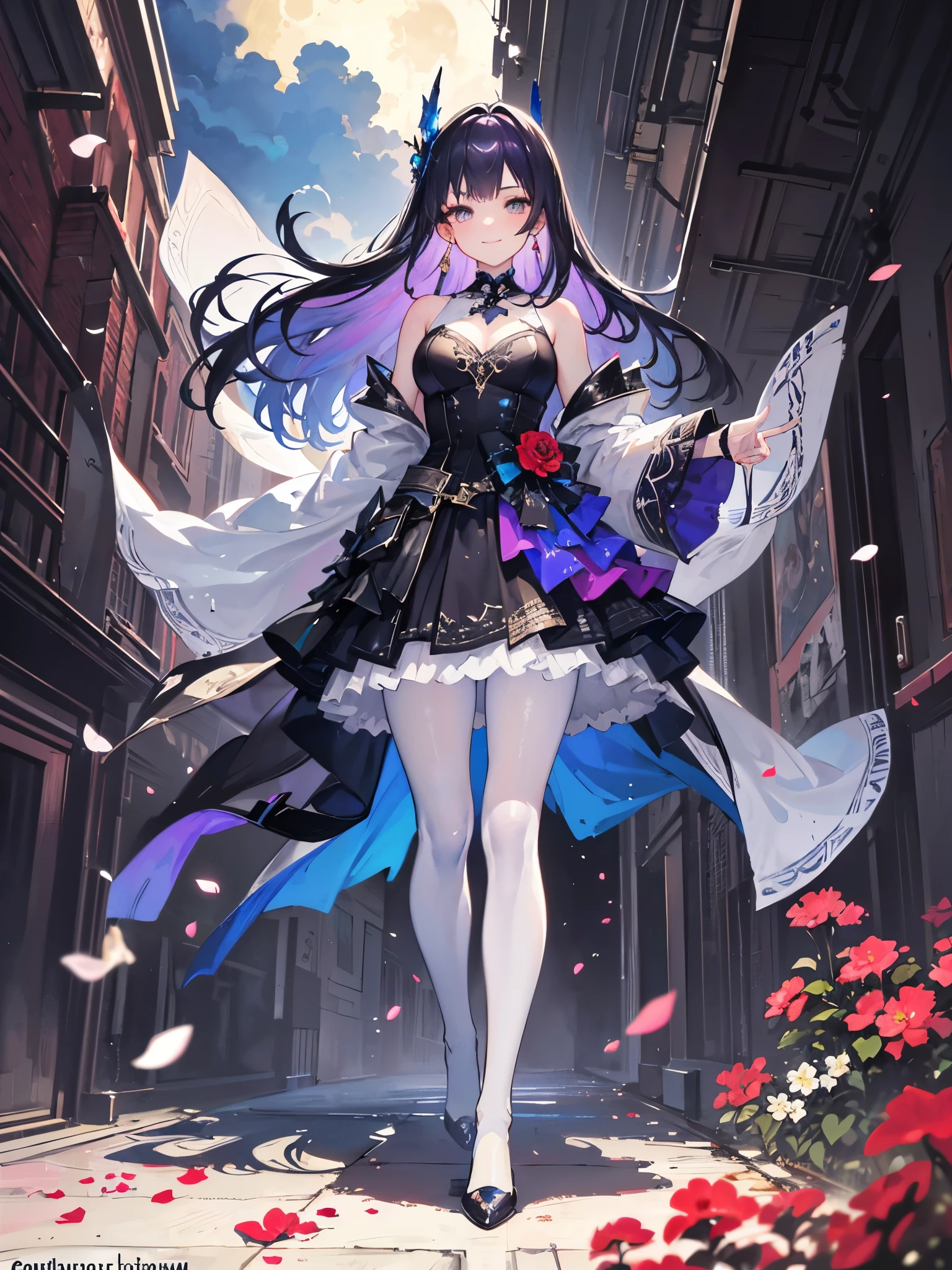masterpiece, best quality, 1 Girl, (rich and colorful),(Beautiful eyes and delicate face),cinematic Lighting,full-body shot,Extremely detailed CG Unity 8K wallpaper,Purple Hair,White eyes,Solitary,Smile,Delicate skirt,((Flying petals)),(Flowering meadow) Sky, cloudy_Sky, architecture, moonLight, moon, night, (Dark theme:1.3), Light, fantasy,,fantasy, High contrast, 墨迹Brushstrokes, explode, Overexposure, Impression of purple with red tones , Abstract, ((John Burkey (John Berkey) and Jeremy Mann (Jeremy Mann) Watercolor )) Brushstrokes, Negative Space,White pantyhose