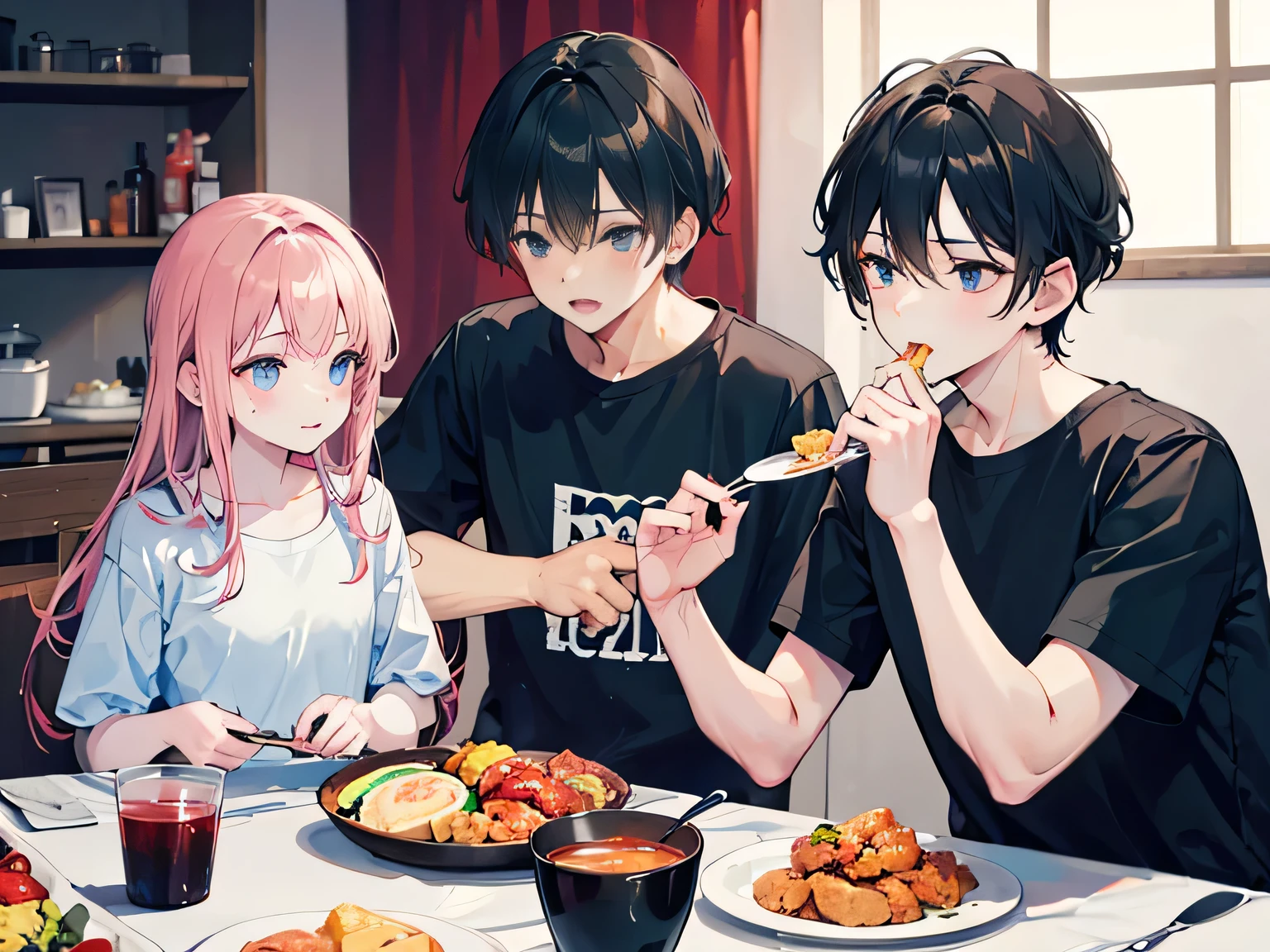 The family was eating,Two boys and one is the mother,Two teenage sons,Light blue dress,Black T-shirt,White T-shirt