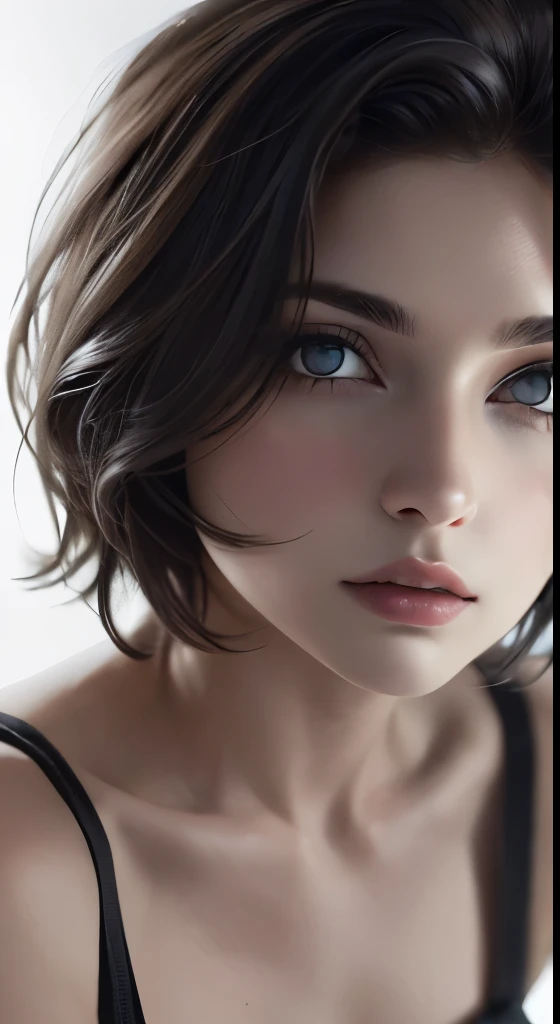 8K uhd、RAWphotograph、モデルphotograph撮影、 European race、(masterpiece、highest quality、Photorealistic、High resolution、photograph:1.3)、Close-up、Focusing、Hot Model、slim、30 year old mature woman、Small face、No makeup、Short Hair、Dark Brown Hair、Fine beautiful eyes、Realスキン、(perfect body)、Sexy hot face、Erotic、Sexual gaze、Detailed beautiful eyes、Glossy lips、Small breasts、Small breasts、Bust B cup、((Bright light、Dynamic lighting、Real、超Real、 realism、Realなディテール、Cool beauty、Cool pose、Background gray、Plain grey background
