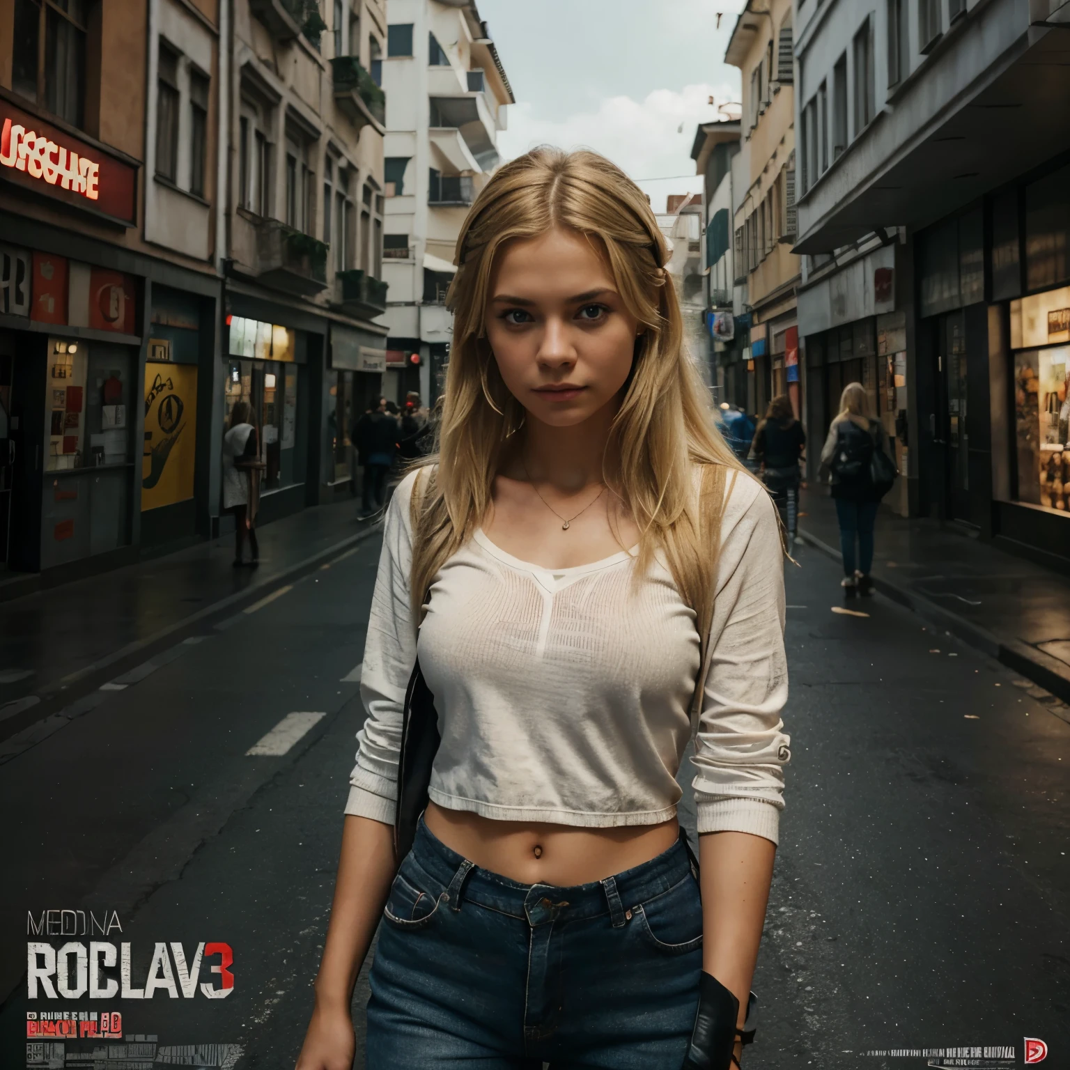 movie poster With a beautiful young girl of 18 years of German origin, medium blonde hair, ropa casual estilo urbano, con mirada de terror, escapando de una multitud de infectados en una gran ciudad, cubierta de vendas
estilo 3d