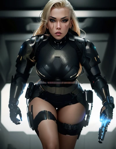 blond woman in black leather outfit holding a gun in a dark room, scifi woman, seductive cyberpunk dark fantasy, beautiful alluring female cyborg, beautiful cyberpunk woman model, cyborg fashion shot, wearing techwear and armor, female cyborg, portrait futuristic solider girl, perfect cyborg female, cybersuit, cinematic goddess body shot, cyberpunk angry gorgeous goddess, beautiful female cyborg