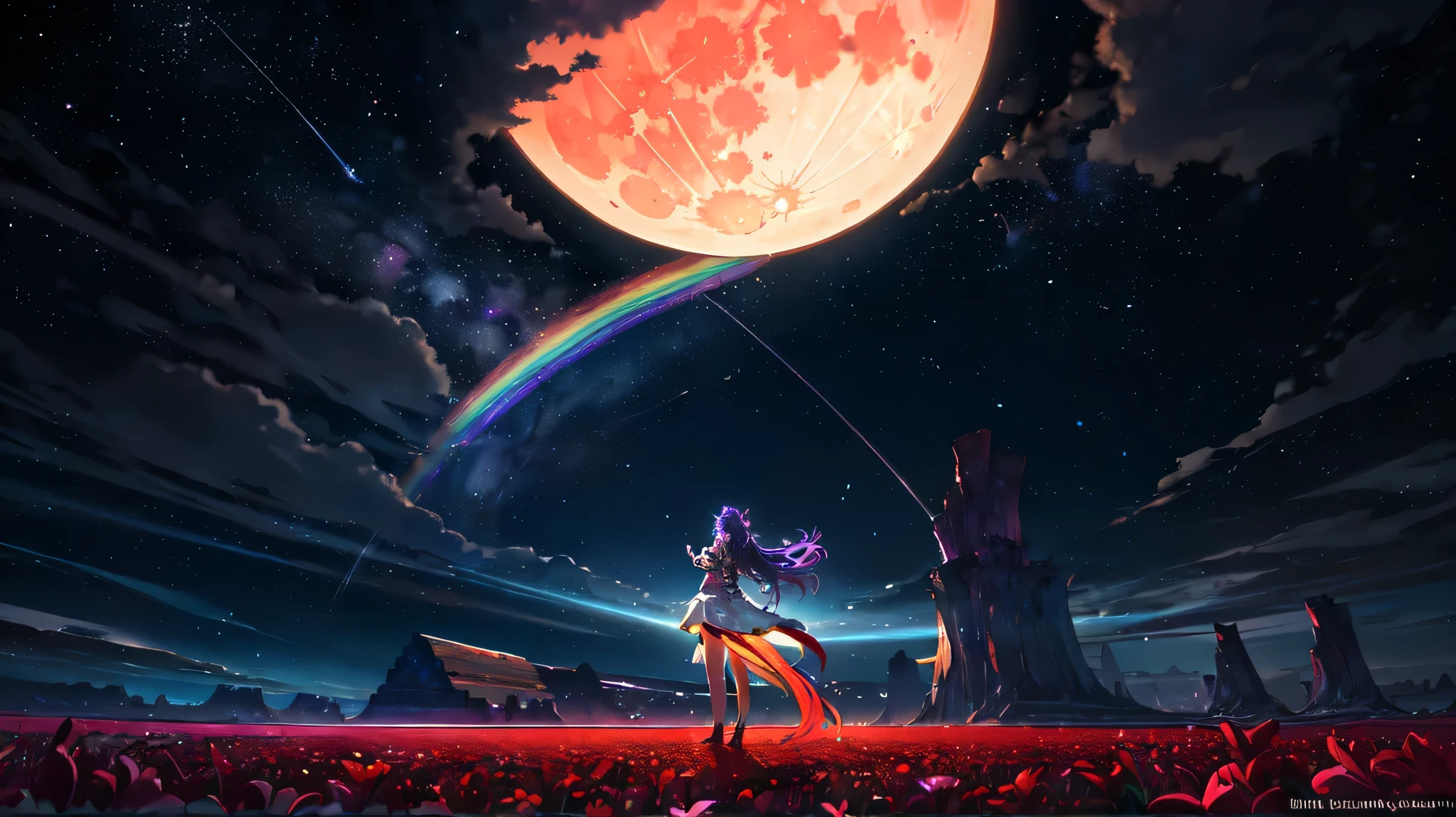 Vast landscape photography , (A view from below, with the sky above and the wide fields below), A girl standing in a flower field looking up, (full moon:1.2), ( shooting star:0.9), (nebula:1.3), Distant Mountain, Treebreak Production Art, (Warm light source:1.2), (fire Fly:1.2), lamp, Lots of purple and orange, Intricate details, Volumetric Lighting Break
(masterpiece:1.2), (highest quality), 4K, Very detailed, (Dynamic configuration:1.4), Very detailed, Colorful details,( Rainbow-colored:1.2), (Shining Lights, Atmospheric lighting), dream-like, Magic, (alone:1.2)