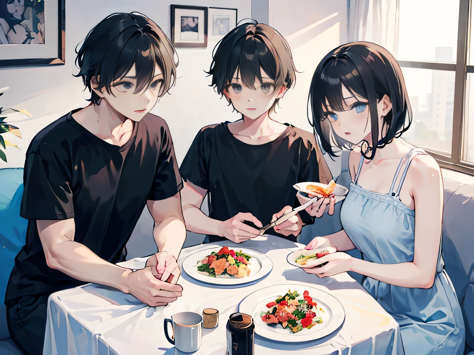 The family was eating,Two boys and one is the mother,Two teenage sons,Light blue dress,Black T-shirt,White T-shirt,Black hair