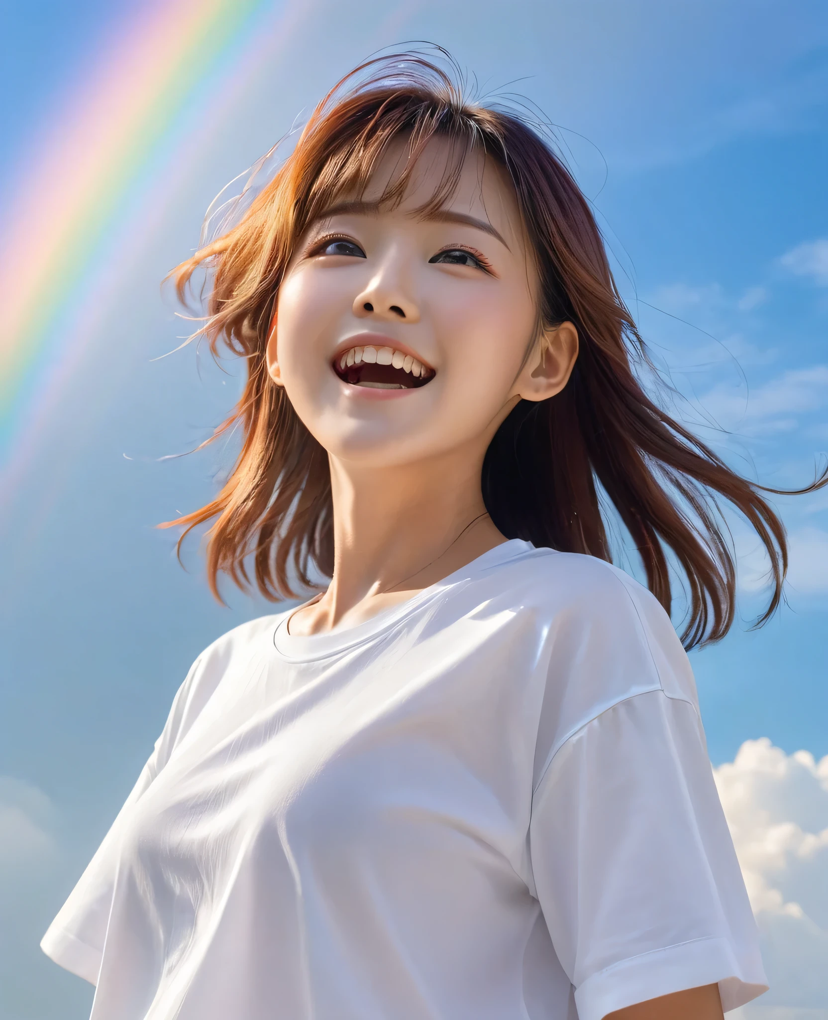 Look at the rainbow in the sky、Joyful girl,Open your mouth wide、Mid-motion,Disturbed by movement,Releases energy and vitality,White shirt、neutral,Rainbow sky background,Dynamic lighting accentuates facial features,Sharply focus on your subject with still effects that capture the spontaneity and vitality of your likers,Soft shadows add depth,Expertly balanced contrast to enhance details,like々Embodying new ease and joy.,