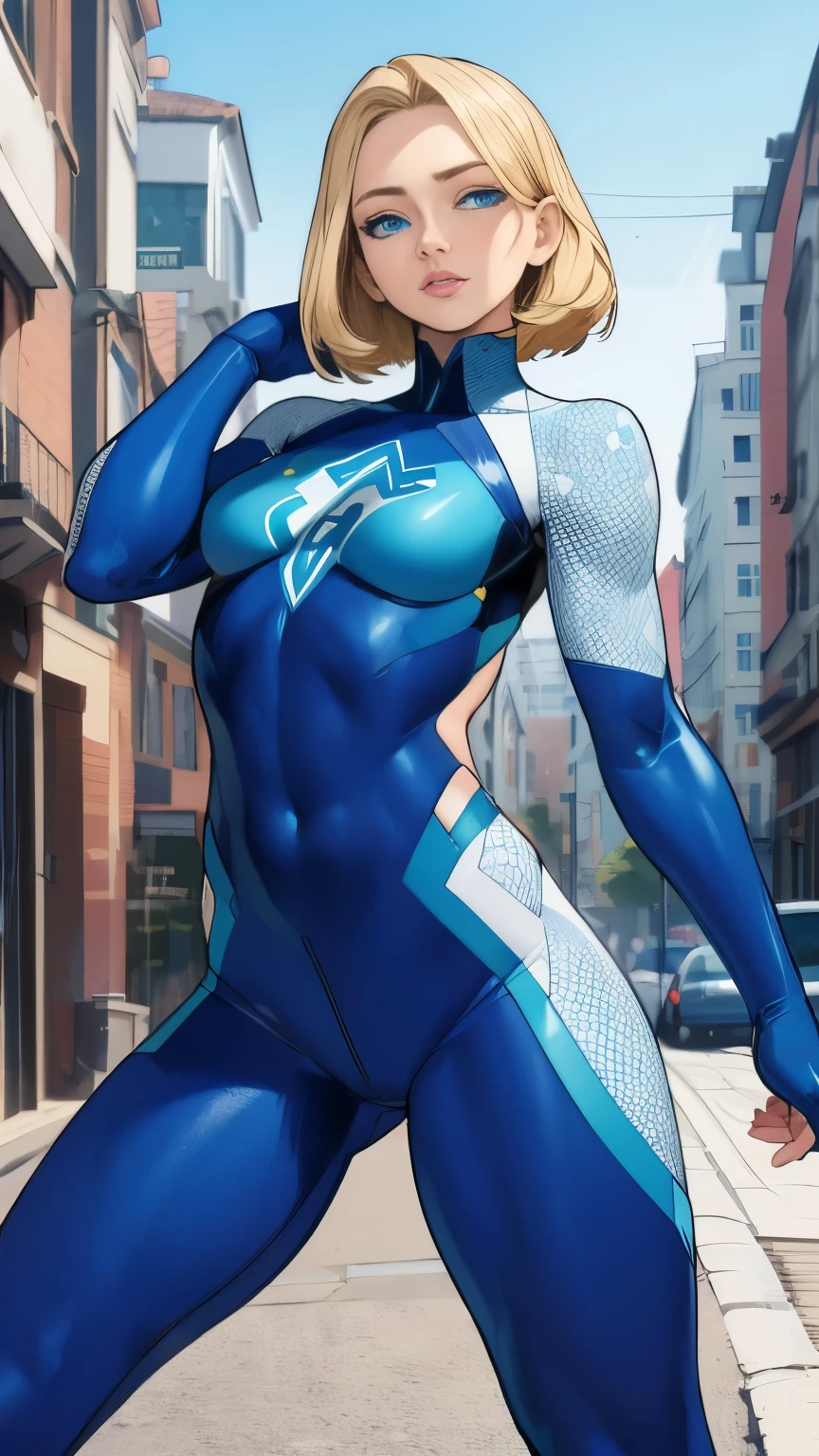 (Highly quality, masterpiece, detailed), city detailed scenario, city detailed background, 1girl, susan storm, blue eyes, blonde hair, blue bodysuit, sleeves, white elbow gloves, blue crop top, navel, perfect face, beautiful eyes, looking at the viewer, Sexy pose