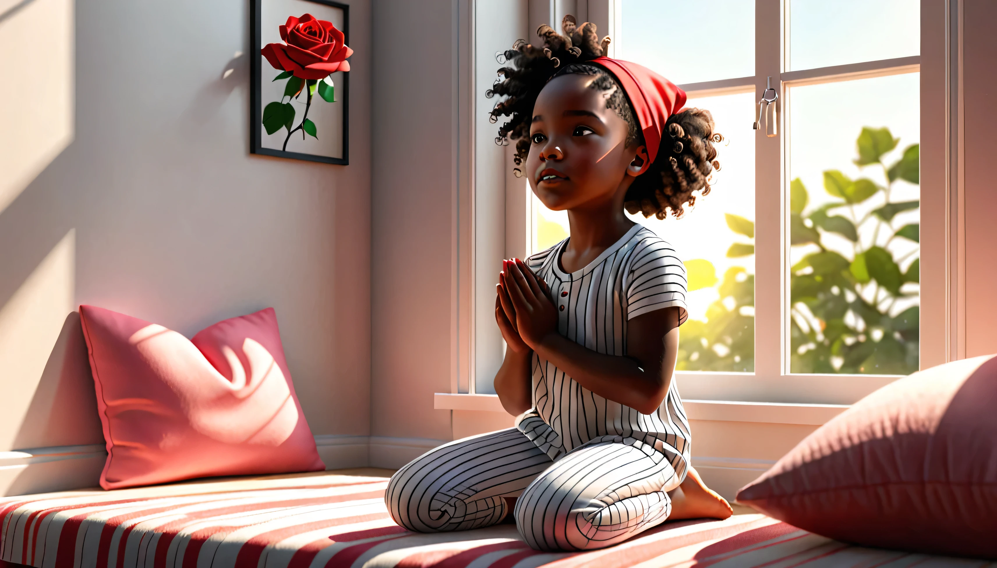 3d illustration of A young girl, black oily skin, 4y.o, African American, rose, oily skin, 8y.o, kneeling and praying in her bedroom, beside her bed, praying hands. Day light coming through the windows like morning time. Red bonnet on her pillow in the background. Her in a pajama set , shorts and shirt, (white with thin black vertices stripes). As if waking to do morning prayers.