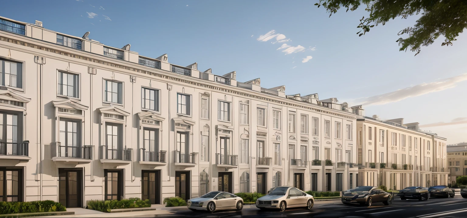 a rendering of a row of modern apartment buildings with balconies, neo - classical style, neo - classical, neo-classical, wide angle exterior 2022, precise architectural rendering, neoclassical style, exterior design, inter dimensional villa, high quality rendering, architectural rendering, residential, neo classical architecture, ultra realistic rendering, rich house, architectural visualization