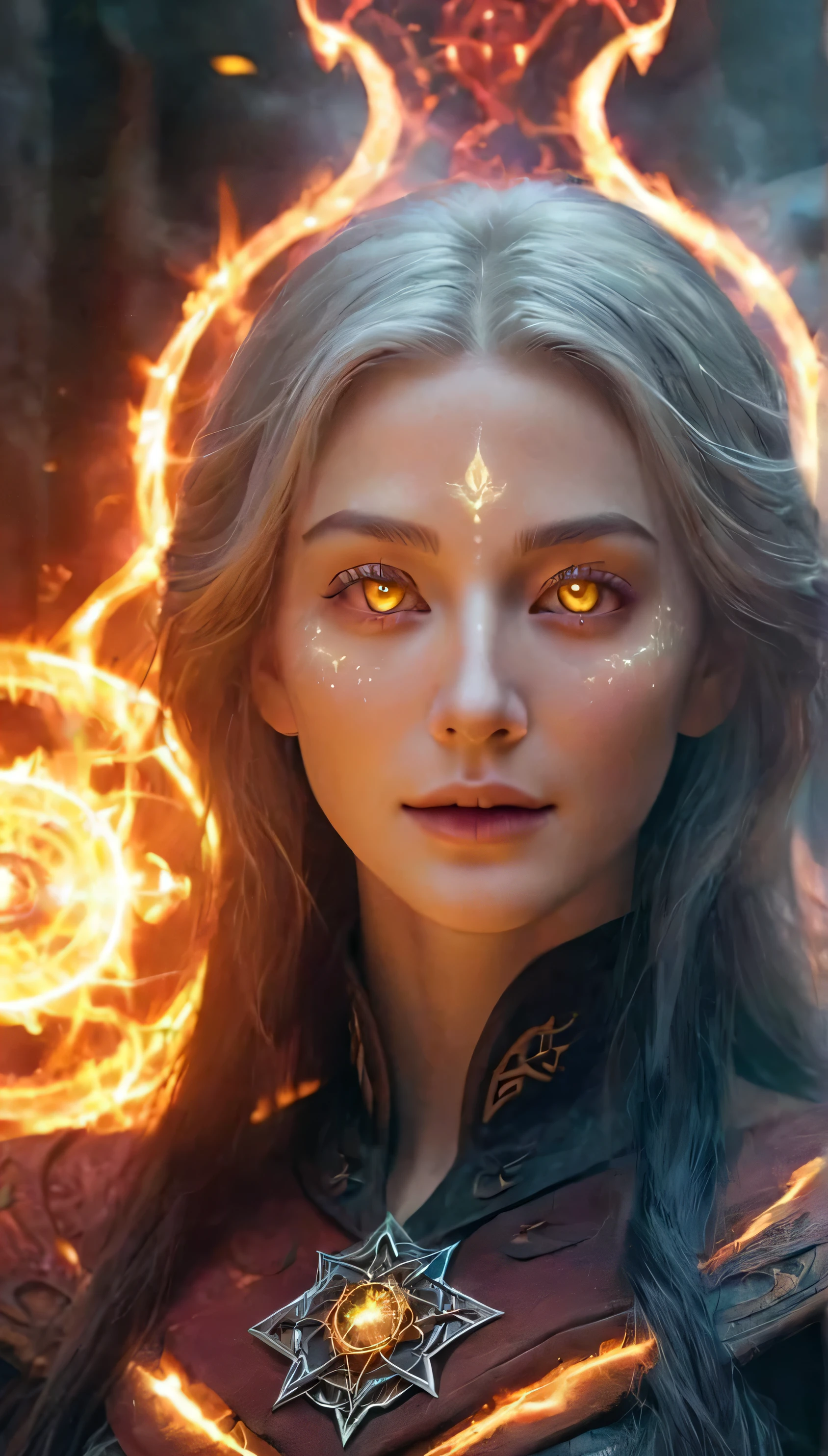 1 girl,adult (elven:0.7) woman,freckles,yellow eyes,gray long hair, full body, 
solo,half shot,looking up,detailed background,detailed face,(glowing eyes:1.05),dilated pupils,summoner,unholy,intricate necromancer clothes,amulet,conjuring,movement,evil smile,ritual,pentagram,surrounded by dark  dark magical inscriptions,red swirling summoning energy,(style-swirlmagic:0.7),calling forth evil power,tower background,dark glowing aura,ethereal atmosphere,magic fire,magic array,magic fire,