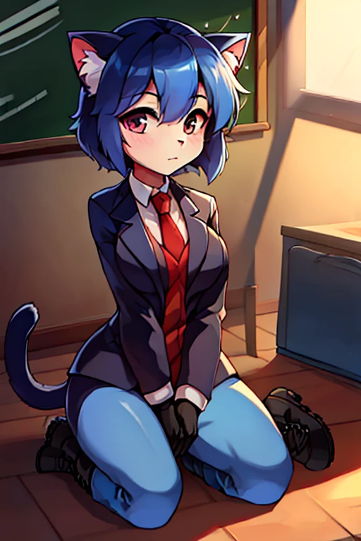 boy, cat, furry, bodyfur, blazer, bottomless, blue tights, gloves, boots, kneeling, school