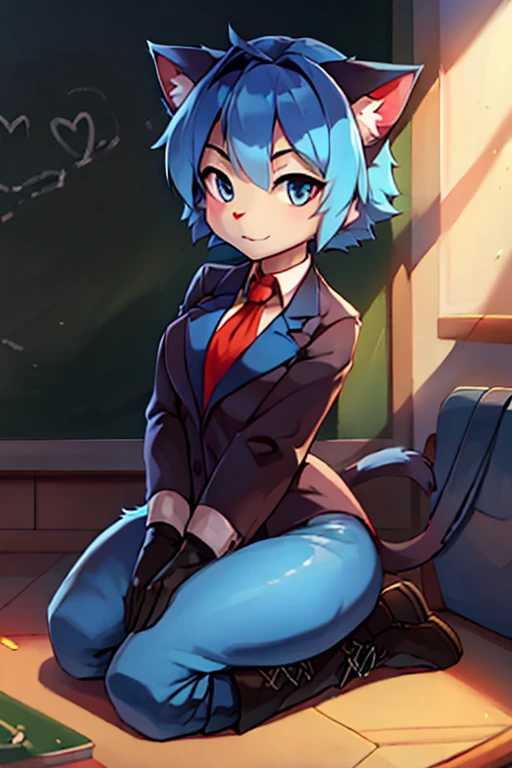 boy, cat, furry, bodyfur, blazer, bottomless, blue tights, gloves, boots, kneeling, school
