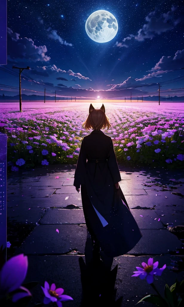 １people々々々々々々々々々々々々々々々々,Woman with medium length blonde hair，Fox Ears，Long coat，Takageta， Dress Silhouette， Rear View，Space Sky, Flower Field，Colorful flowers，Dancing Petals，full moon，shrine，