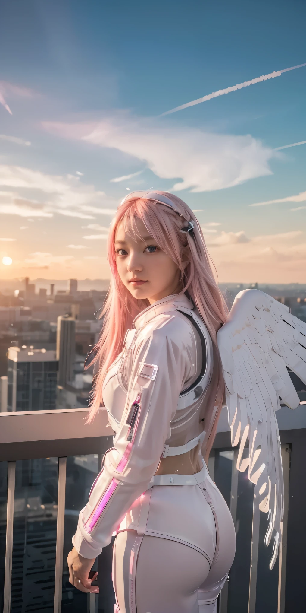 ((masterpiece, best quality, extremely detailed), volumetric lighting, ambient occlusion, colorful, glowing),
1girl, solo, young girl, (pink hair), long hair, halo, aura, sacred, godness, cyber suit, (white outfit:1.3), android, bot, angel wings,
outdoors, sunset, sky, clouds, space, (cyberpunk theme:1.2),