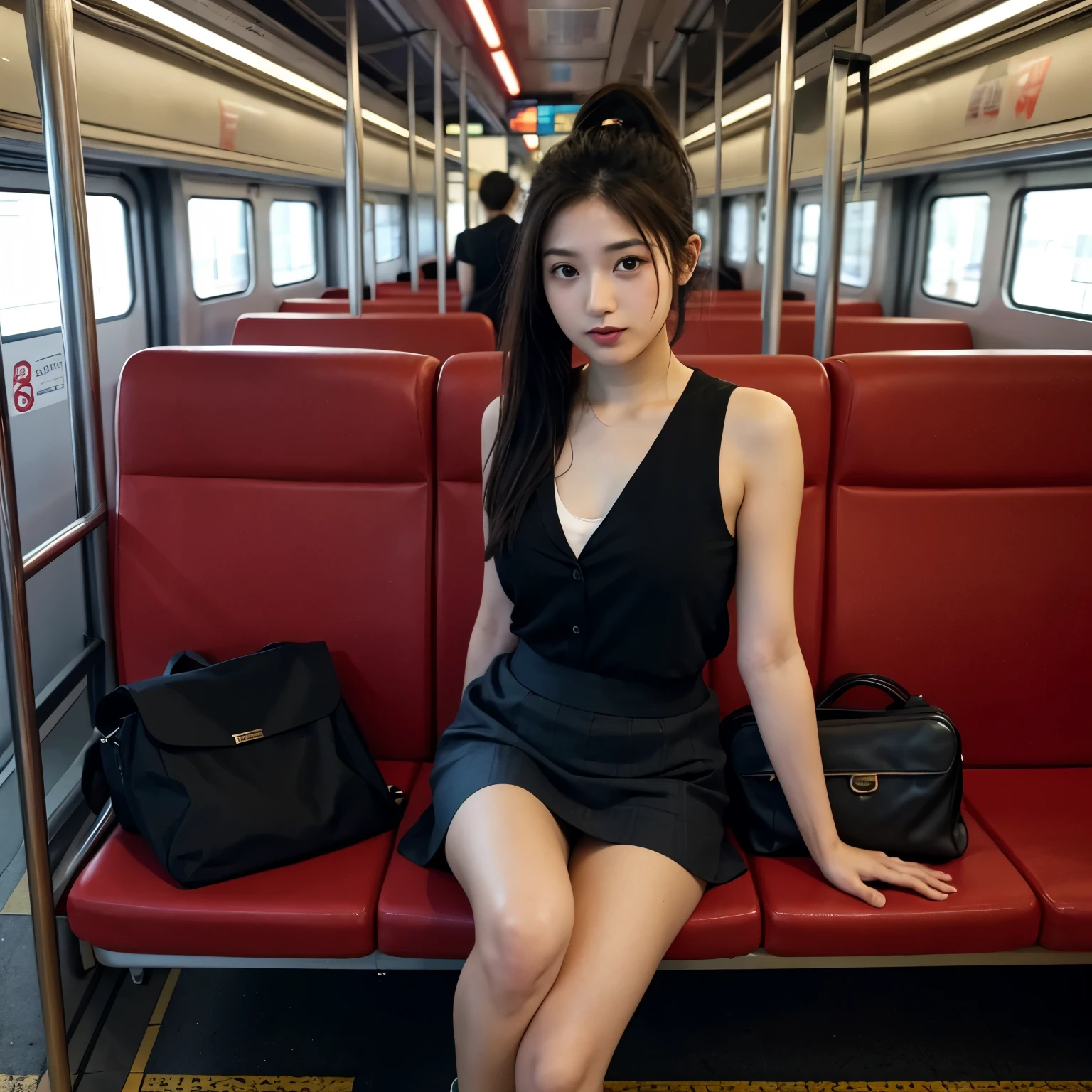 Actual photo、Highest im年 quality、Beautiful woman、Beautiful thighs、Beautiful Face、Uniform Ponytail、Yuriko Yoshitaka、Japanese women、pretty girl、skirt、Beautiful thighs、pumps、Inside a crowded train、Sit in your seat、Front seat、