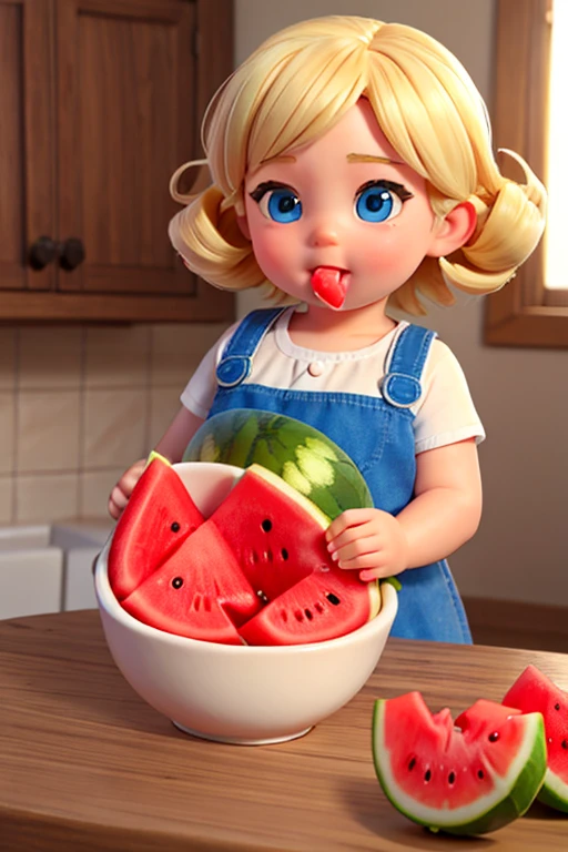 1 year old chubby blonde baby with short curls and blue eyes eating watermelon and red dress