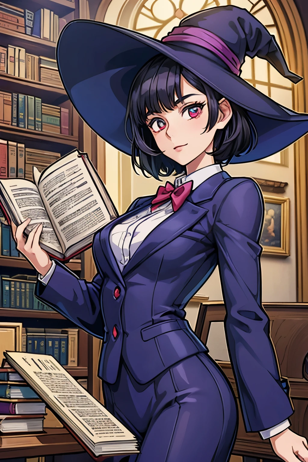 anime girl, bunny ears, short black hair, suit, red eyes, ((best quality)), ((highly detailed)), masterpiece, absurdres, (detailed eyes, deep eyes), (1girl), dynamic angle, dynamic pose, upper body, witch, witch hat, wand, (inside, at a library, librarian, book shelves, books, open book),
